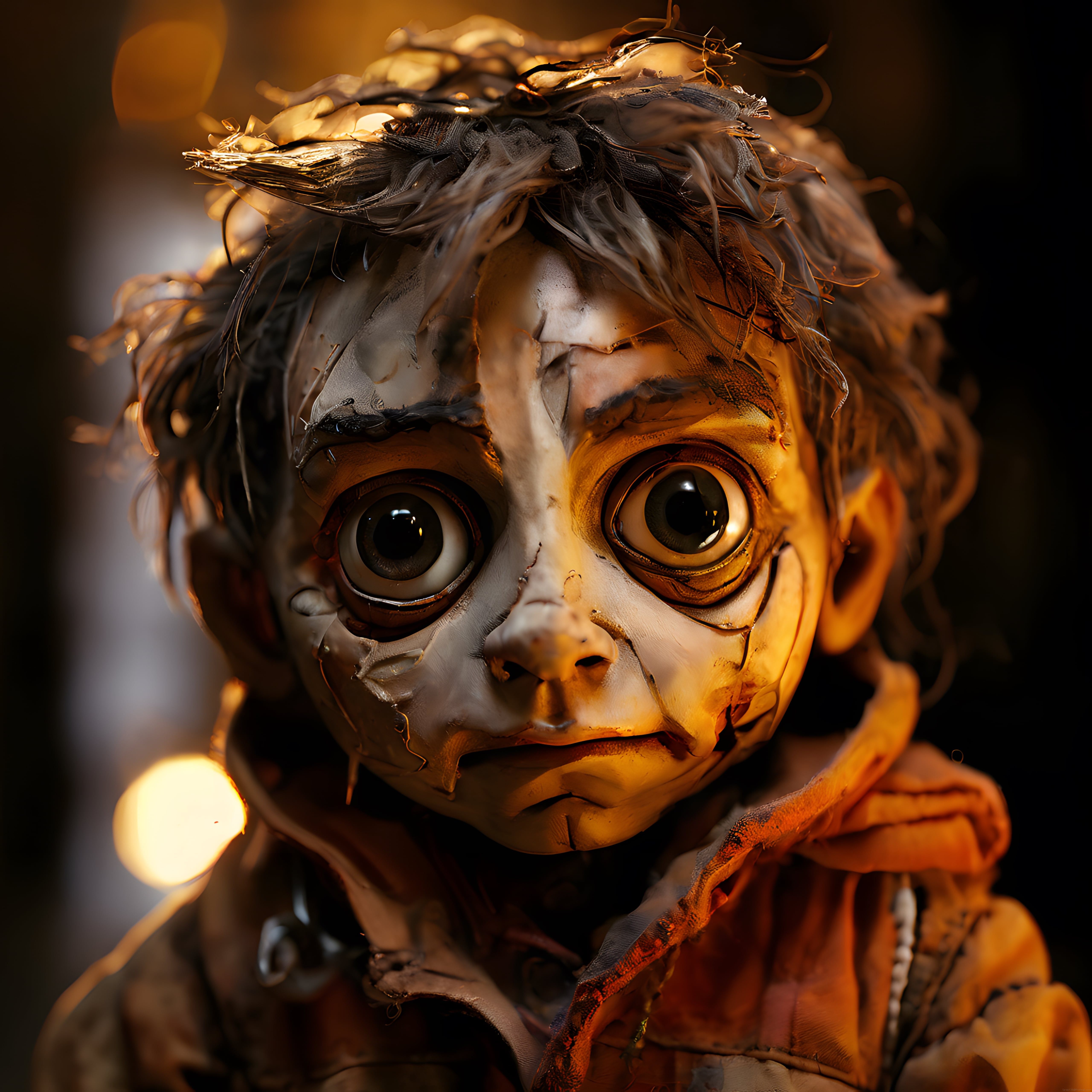 Dikenli Taçlı Çatlak Bebek: Dramatik Işıkta Melankolik Dijital 3D Sanat