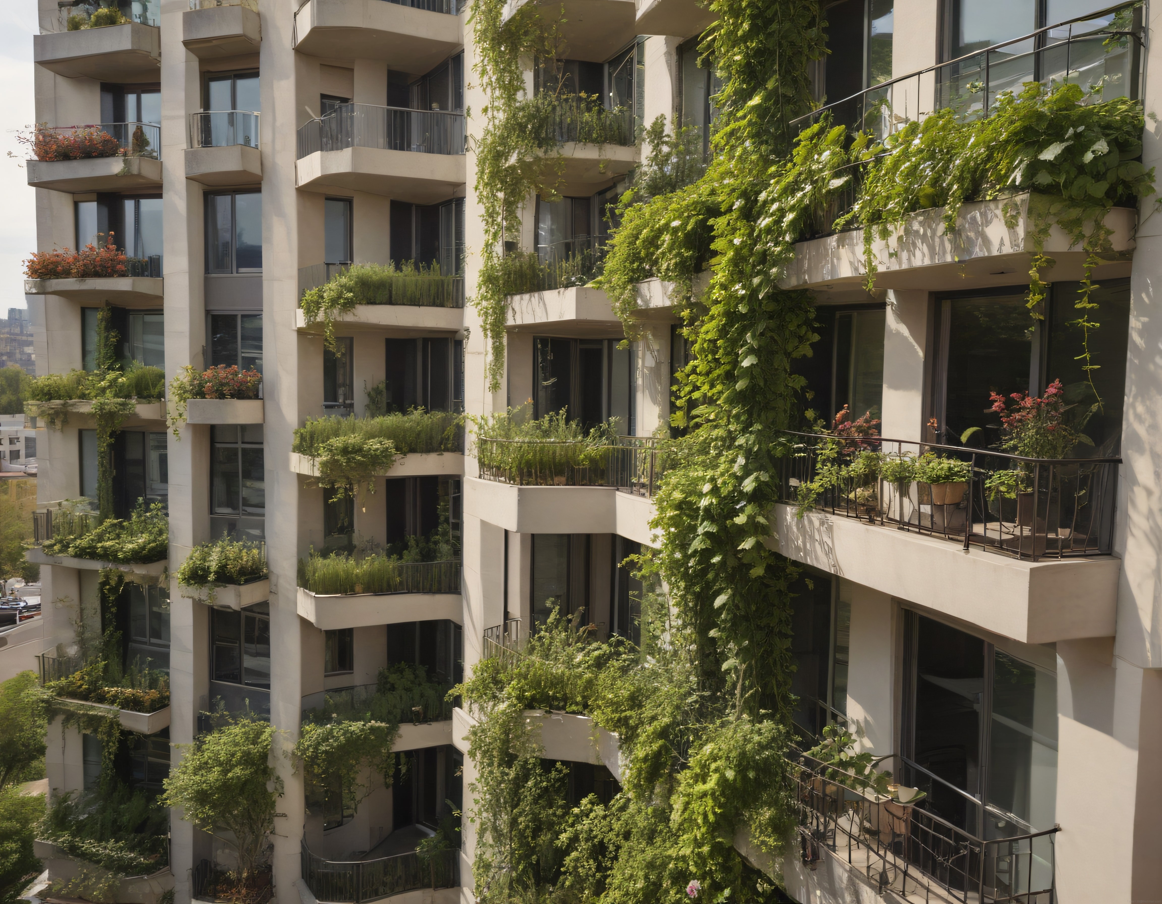 dikey bahçelerle çevrili modern apartman yapısı ve sürdürülebilir mimari