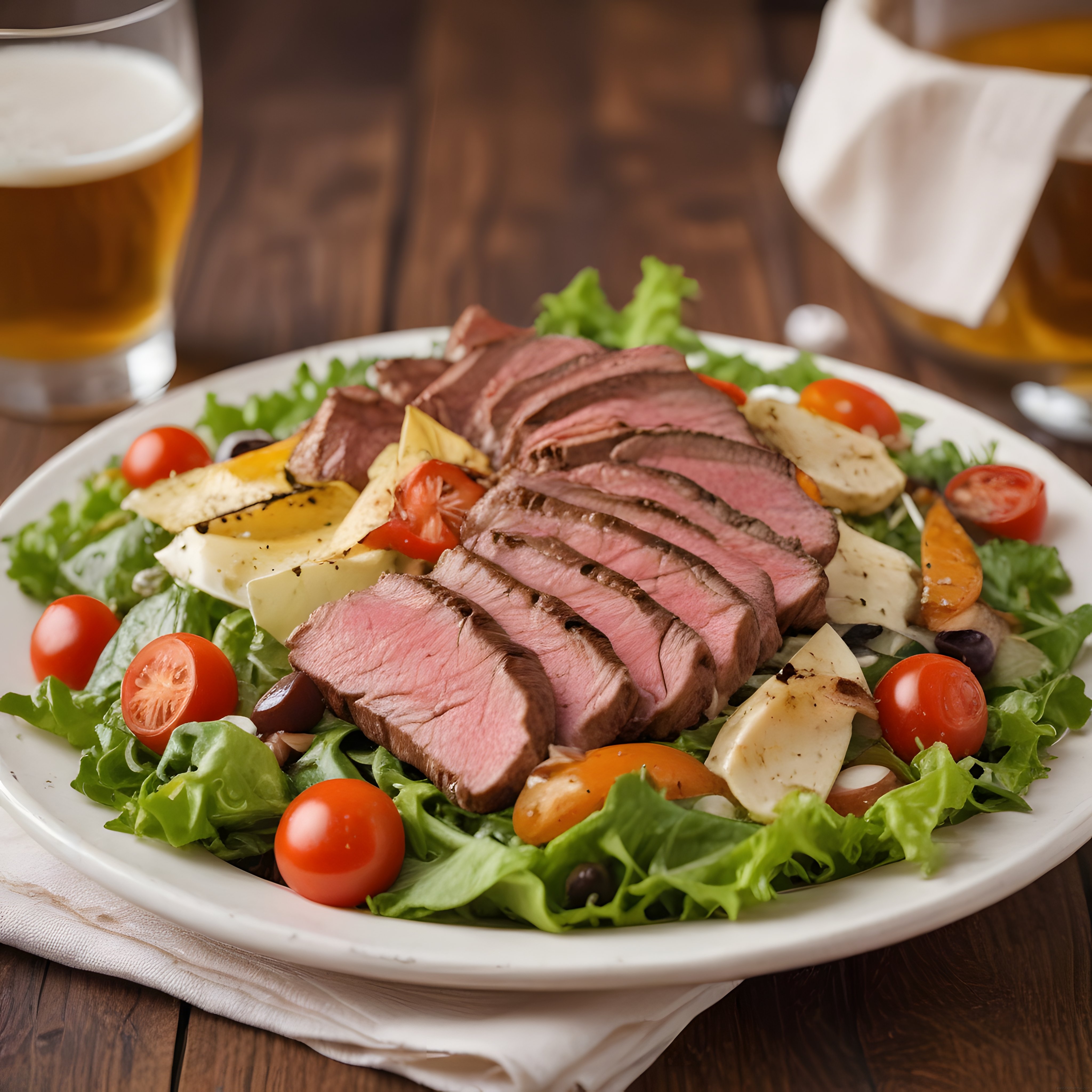 Dilimlenmiş Biftek Salatası: Orta Pişmiş Et, Peynir ve Bira Eşliği