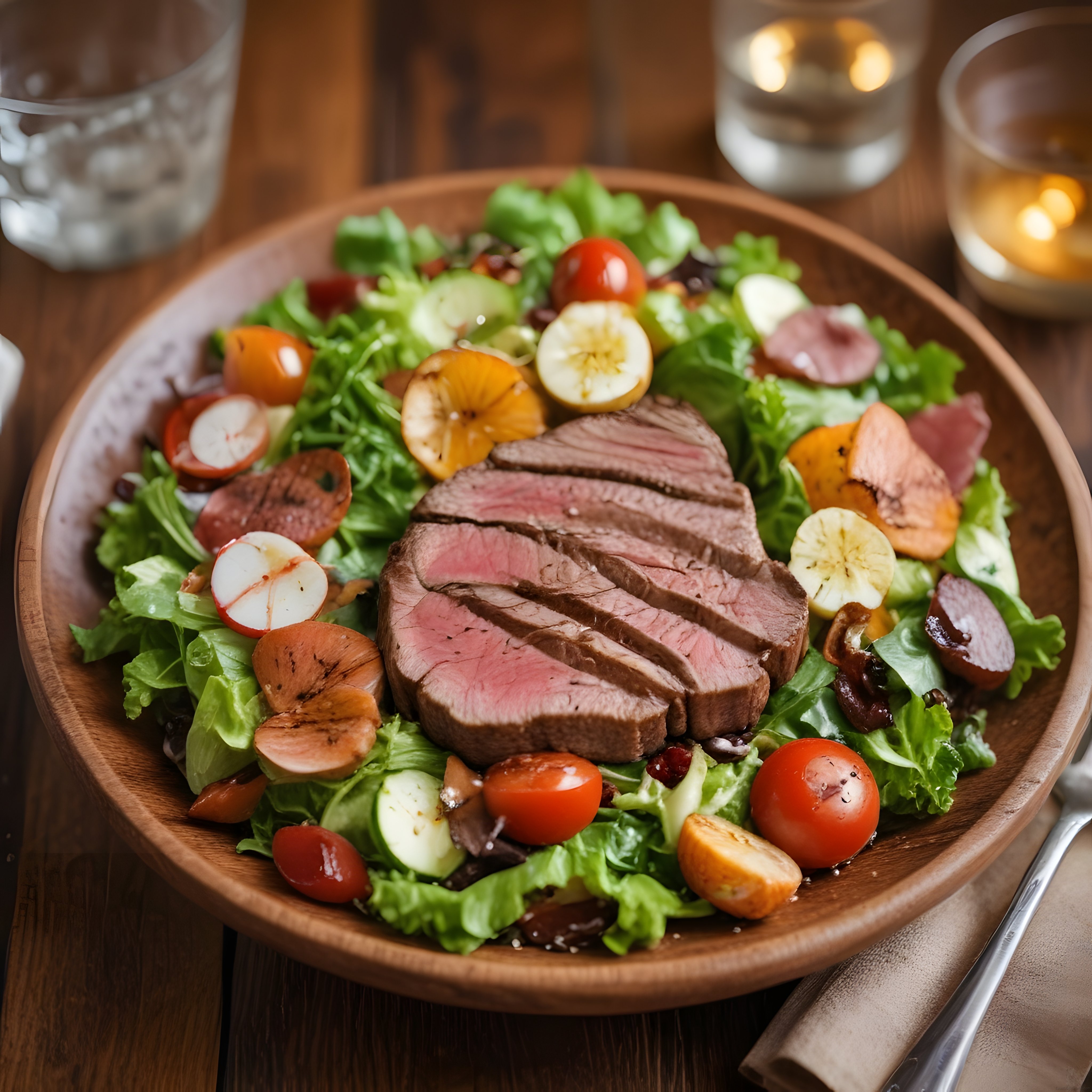 Dilimlenmiş Bonfile ve Taze Sebzelerle Hazırlanmış Nefis Gourmet Salata Kasesi