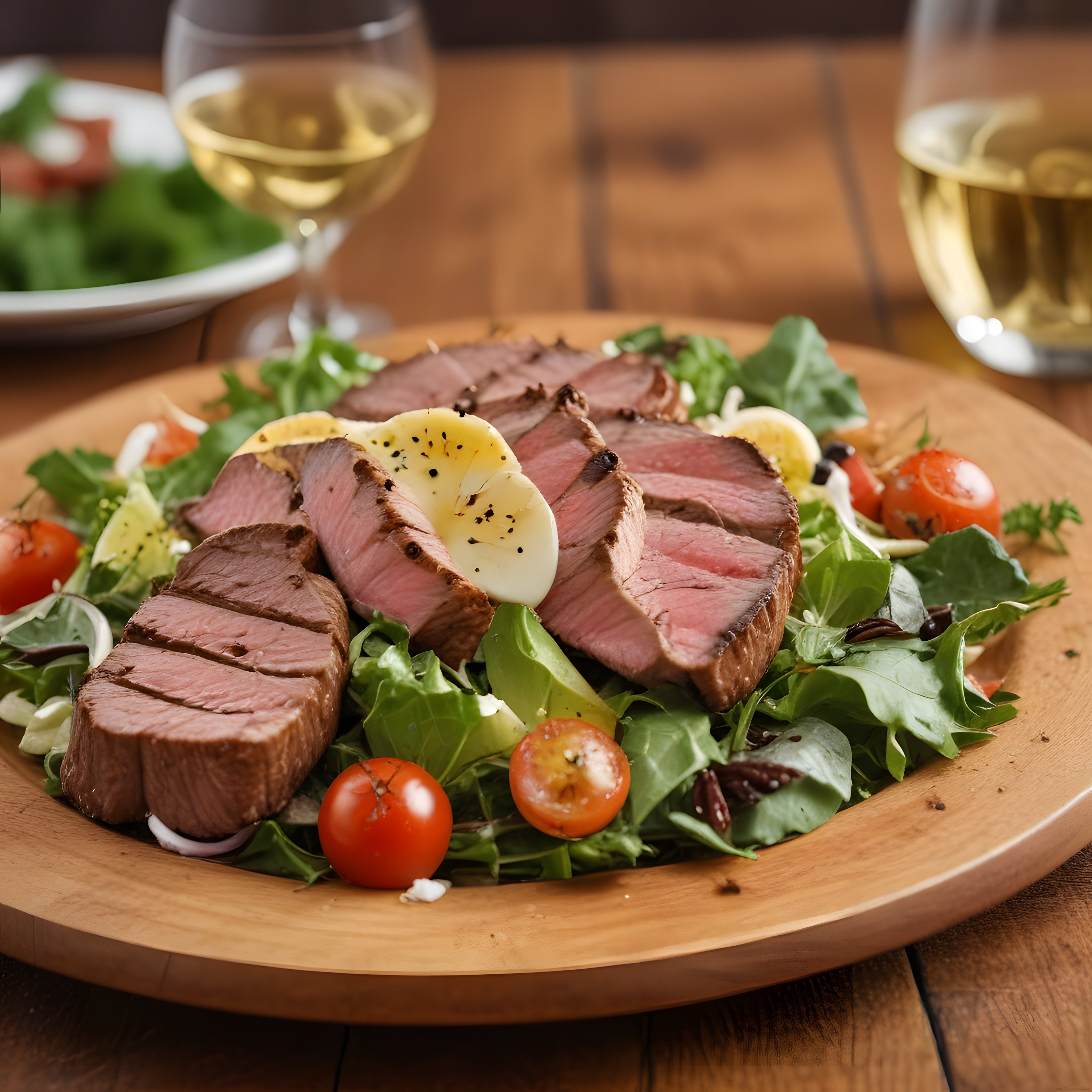 Dilimlenmiş Bonfileli Steak Salata ve Beyaz Şarap Eşliğinde Şık Sunum
