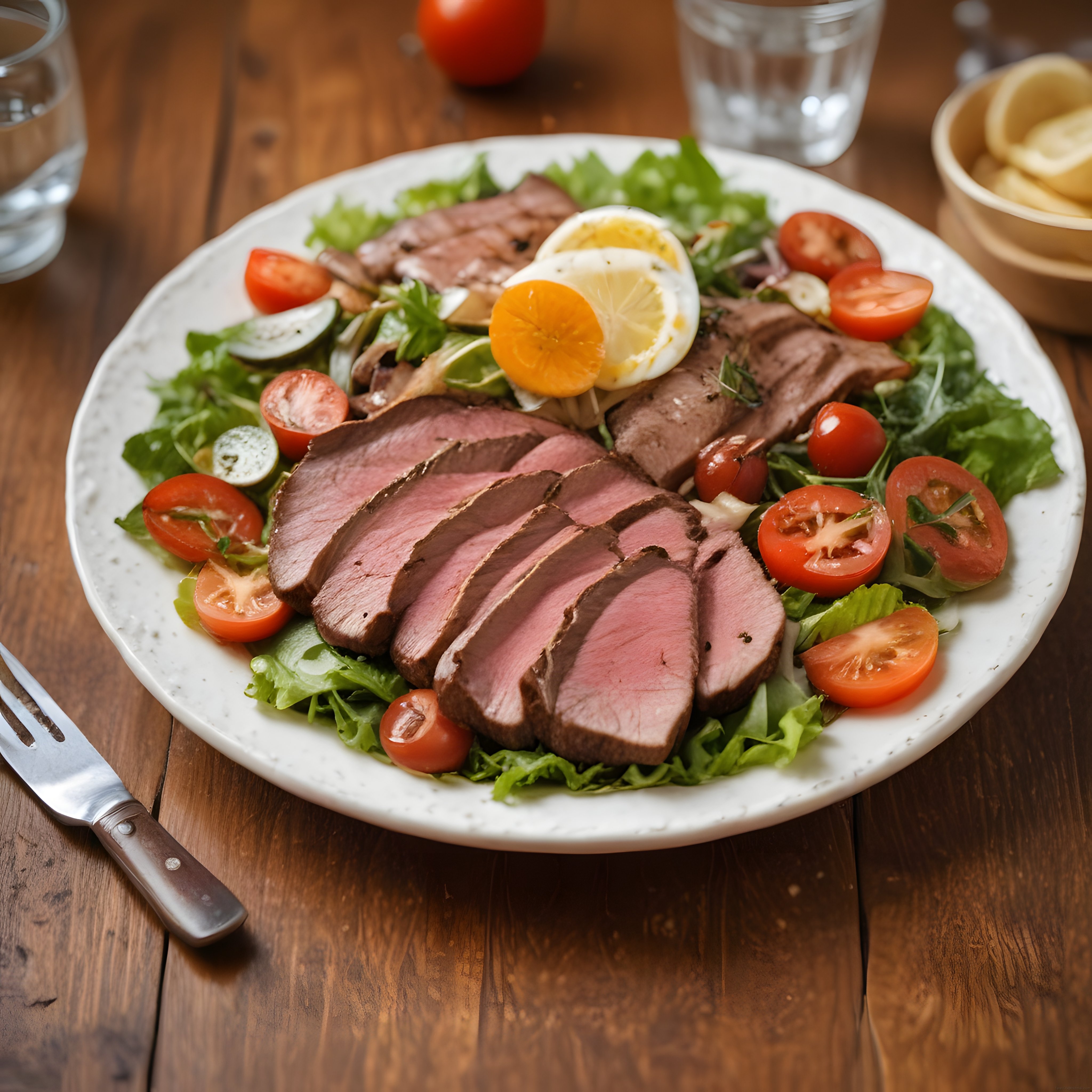 Dilimlenmiş Dana Rôti ve Haşlanmış Yumurtalı Vitaminli Salata Tabağı