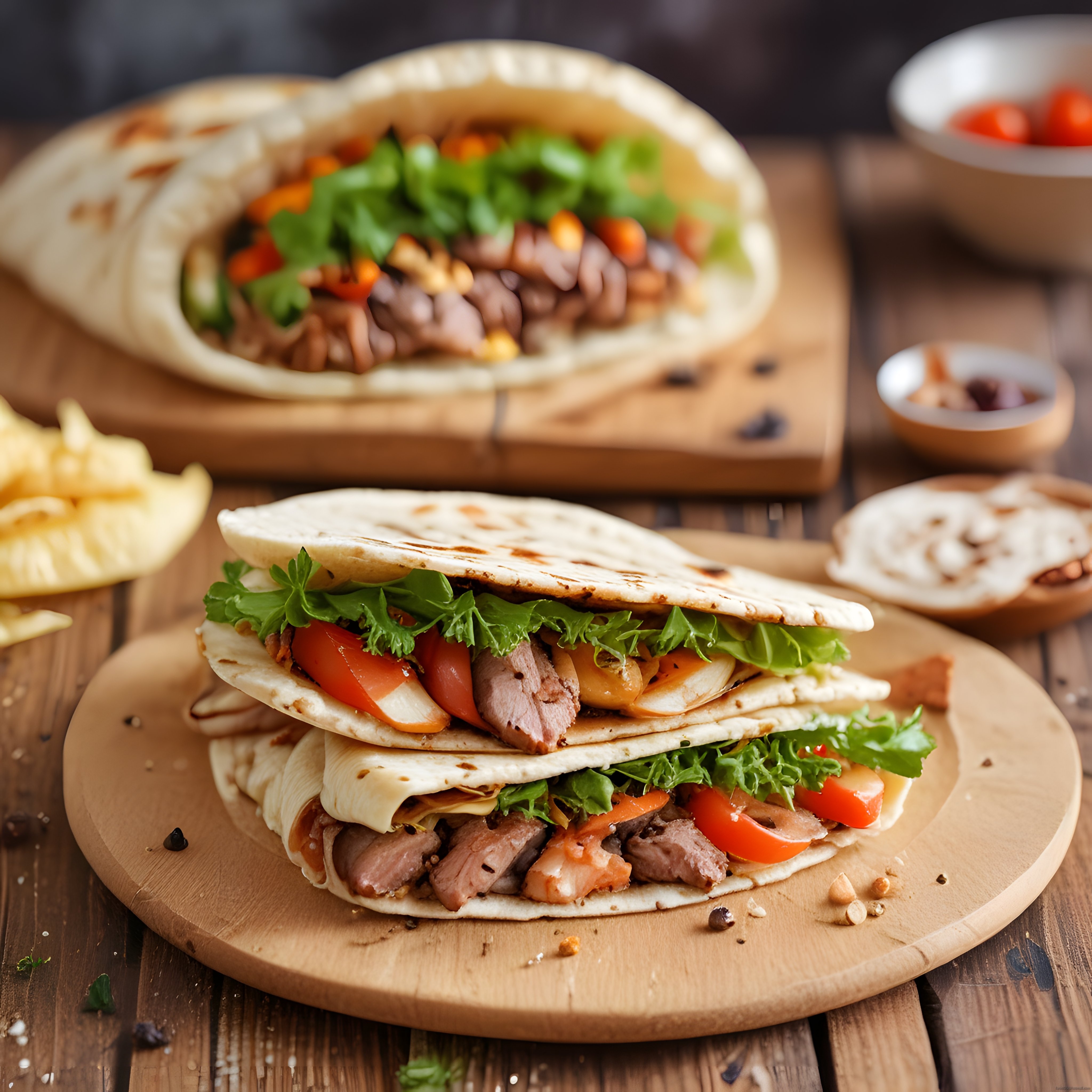 Dilimlenmiş Etli Tortilla Dürüm ve Tacos, Taze Sebze ve Ahşap Sunum Tahtasında