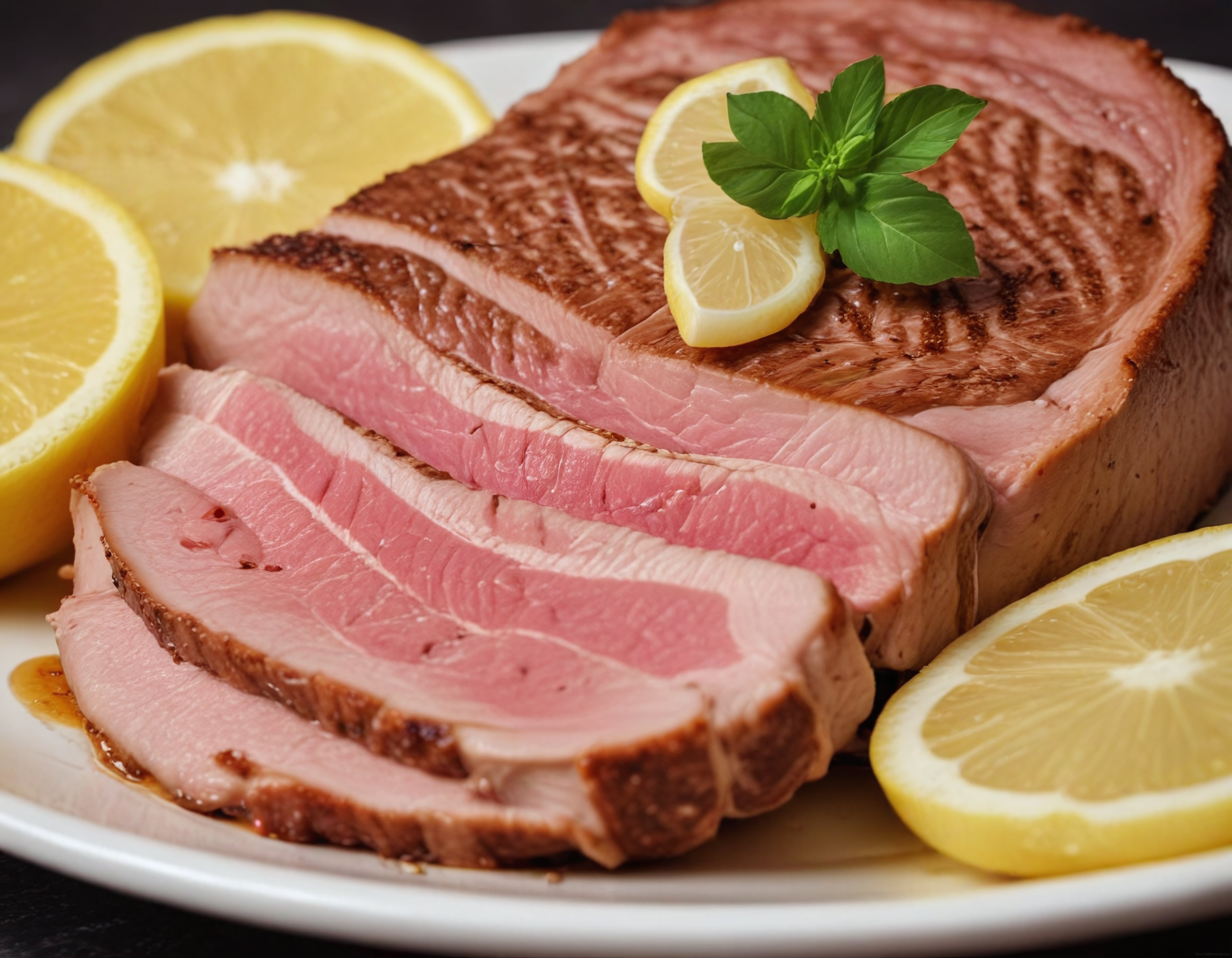 Dilimlenmiş Füme Et Rostosu Limon ve Fesleğen ile Şık Tabak Sunumu