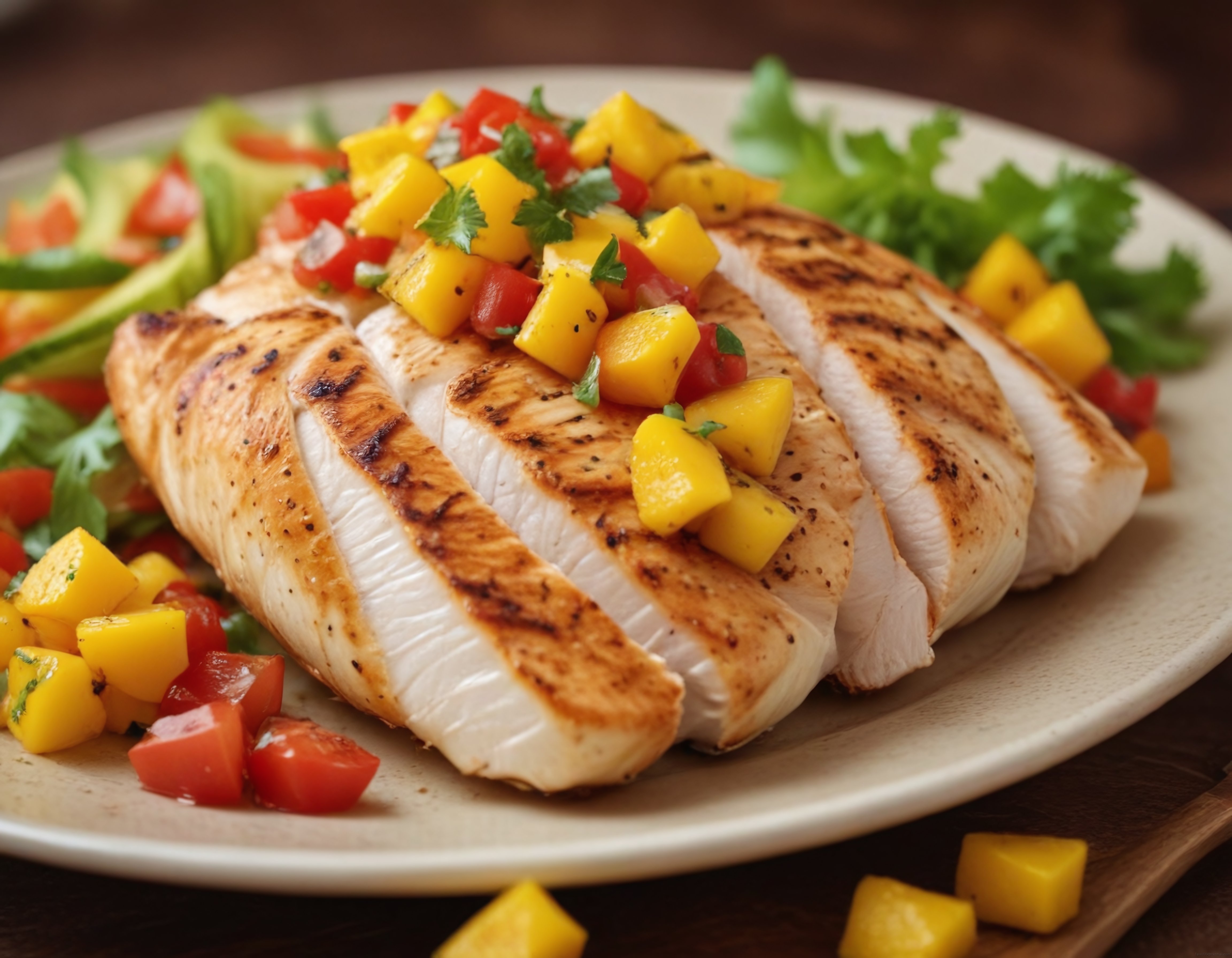 Dilimlenmiş Izgara Tavuk Göğsü Mango Salsa ve Kişniş ile Nefis Sunum