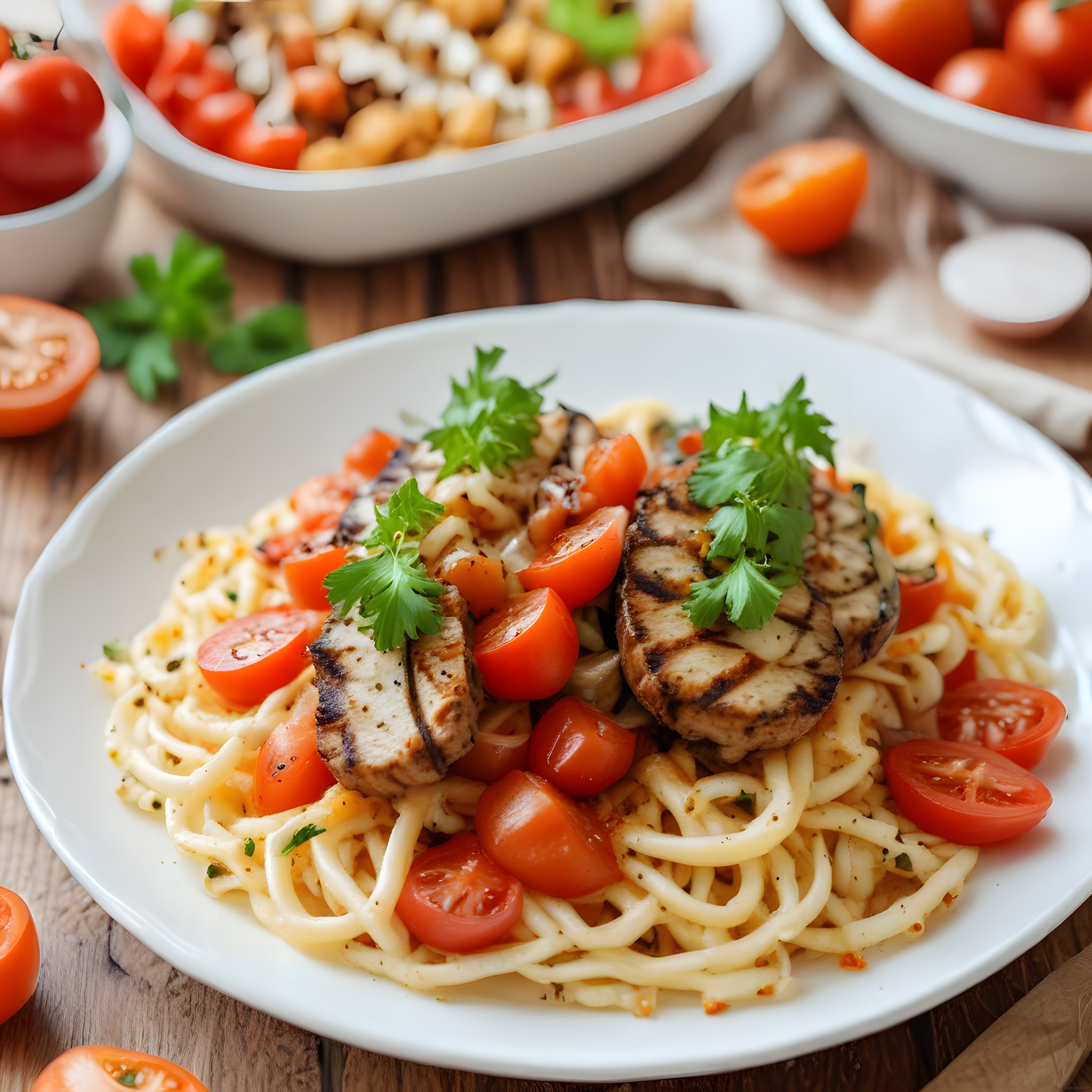 Dilimlenmiş Izgara Tavuklu ve Taze Domatesli Spagetti Makarna Sunumu