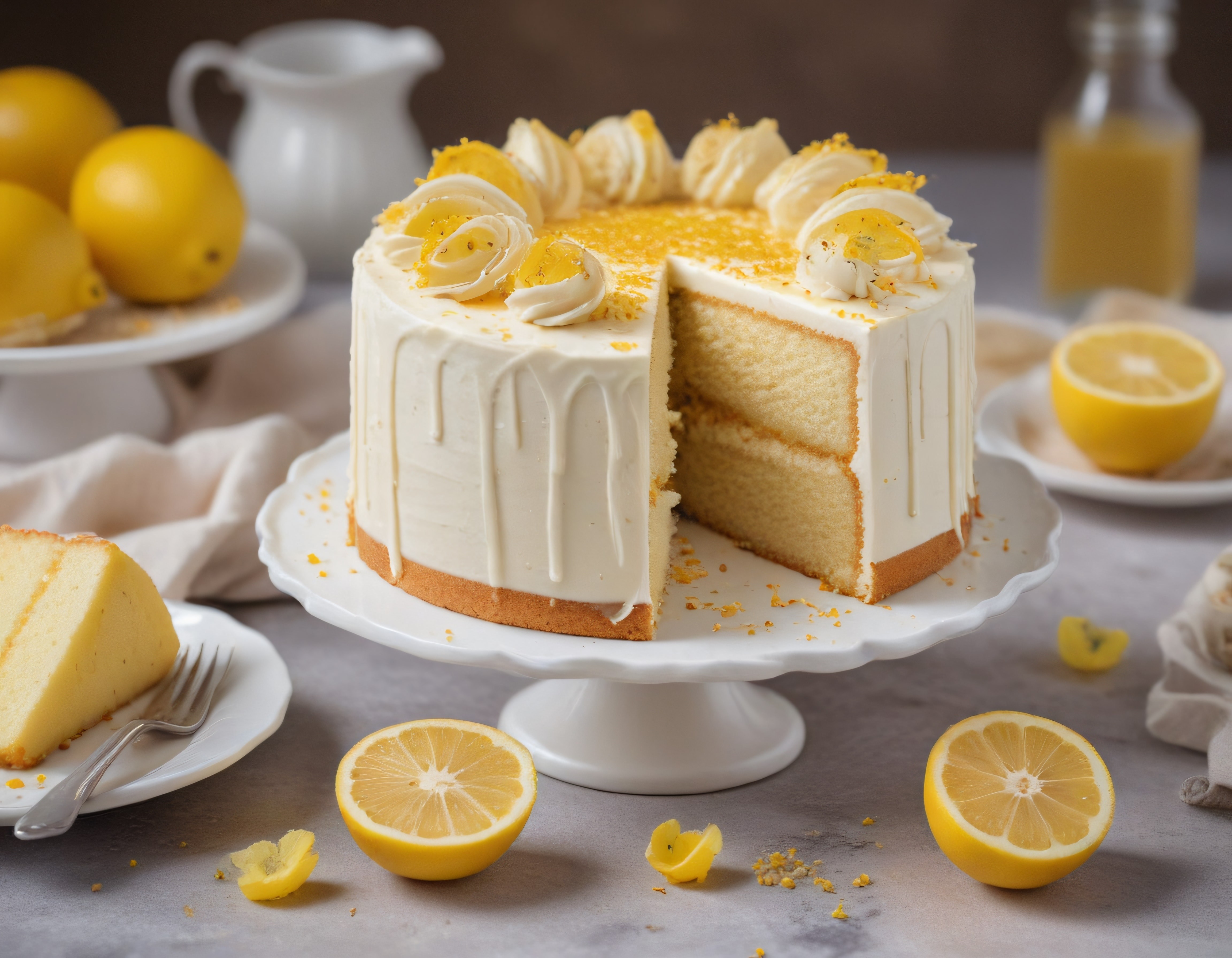 Dilimlenmiş Limonlu Katlı Pasta: Beyaz Krema ve Taze Limon Detaylı Sunum
