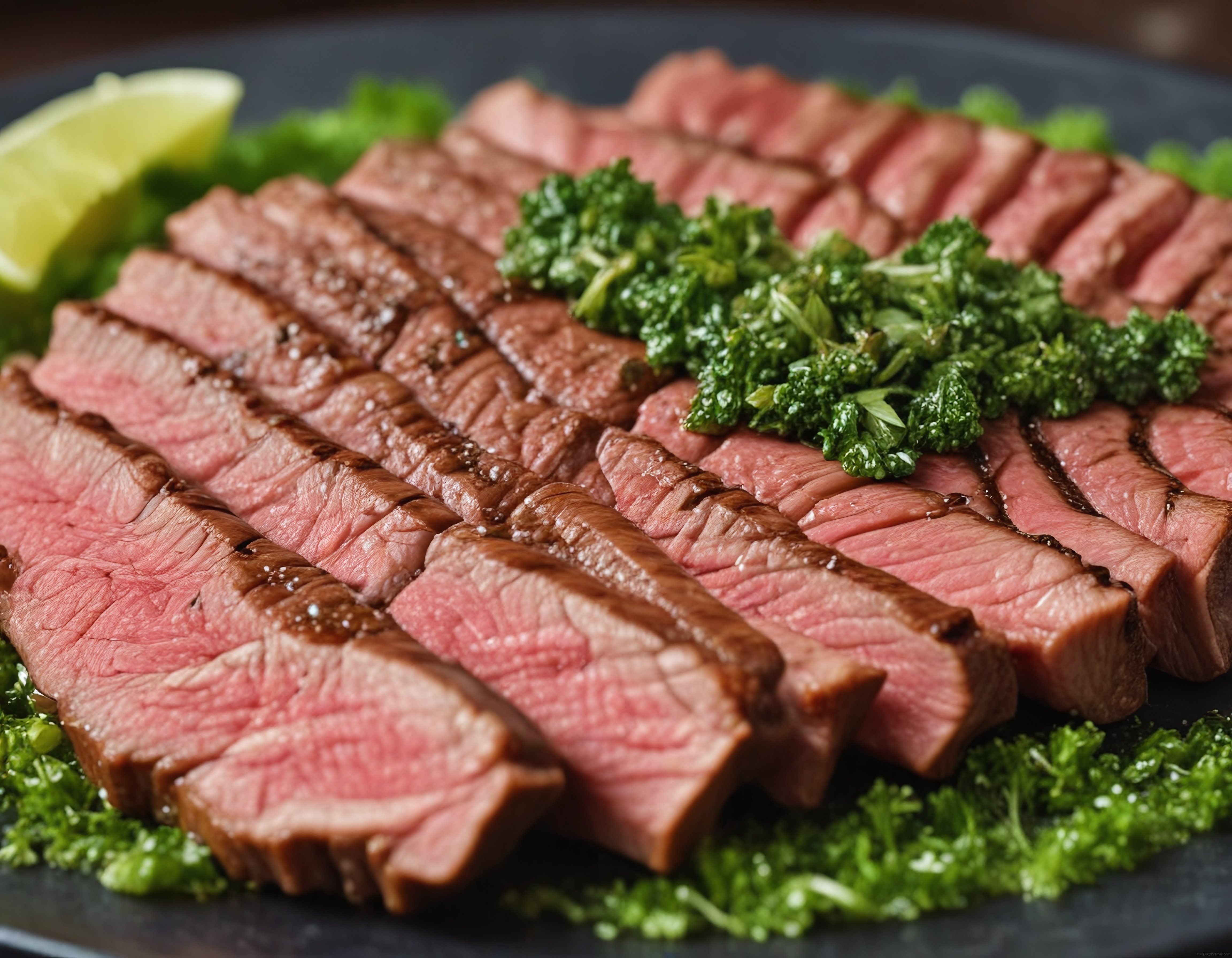 Dilimlenmiş orta pişmiş bonfile üzerine taze chimichurri sos ve limon sunumu