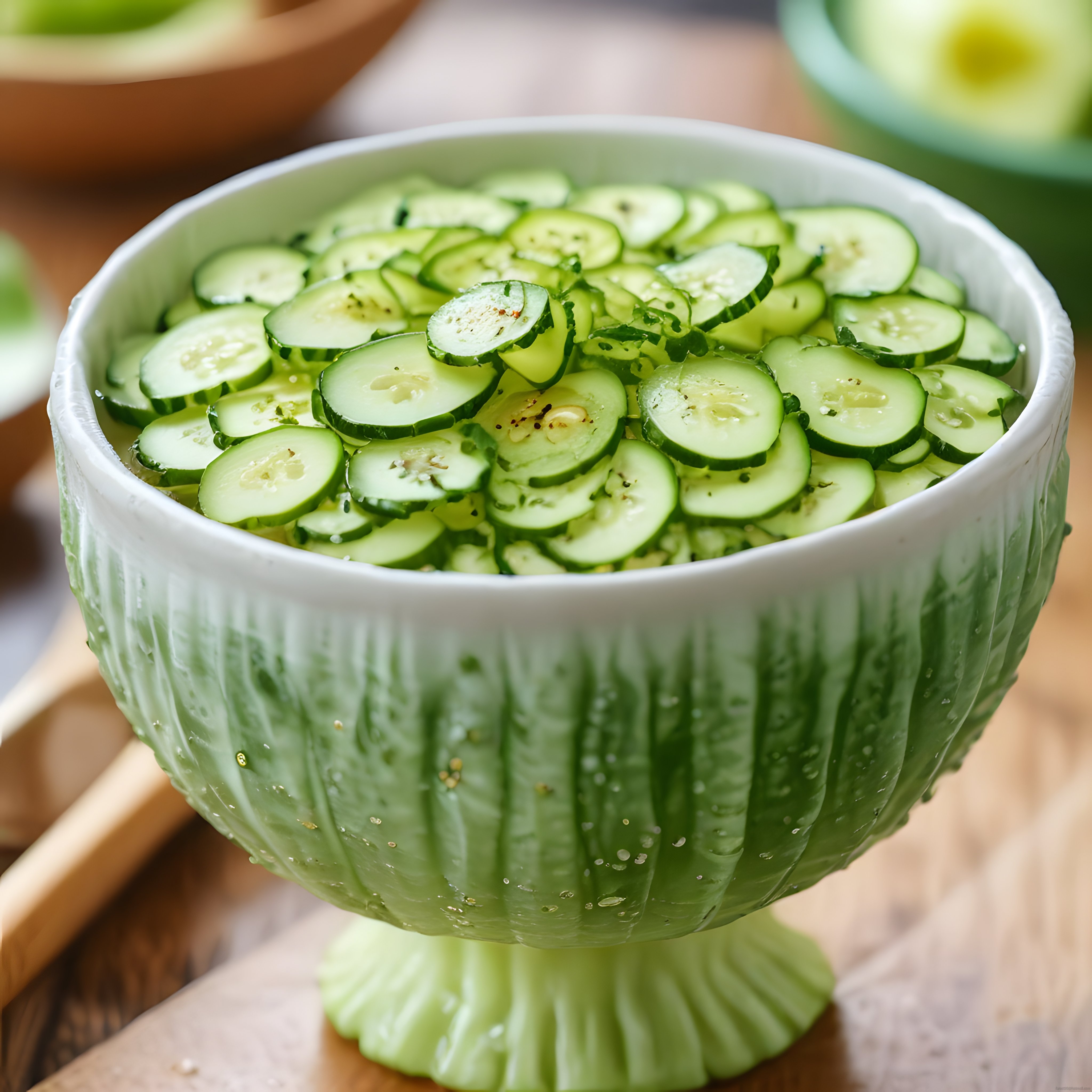 Dilimlenmiş salatalıkla hazırlanmış yeşil salata kasesi