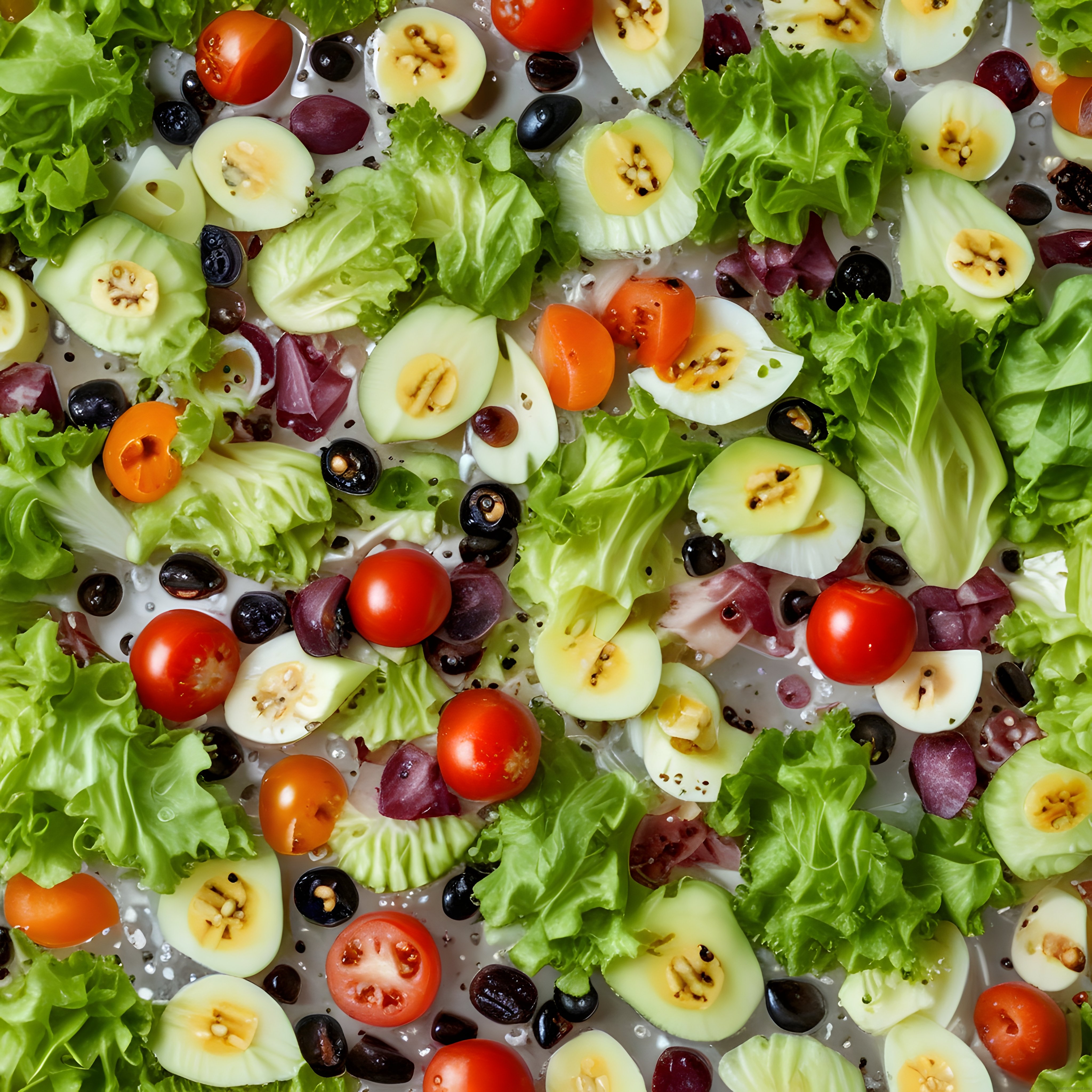 Dilimlenmiş sebzeler, zeytin ve marul yapraklarıyla suda yüzen taze sağlıklı salata