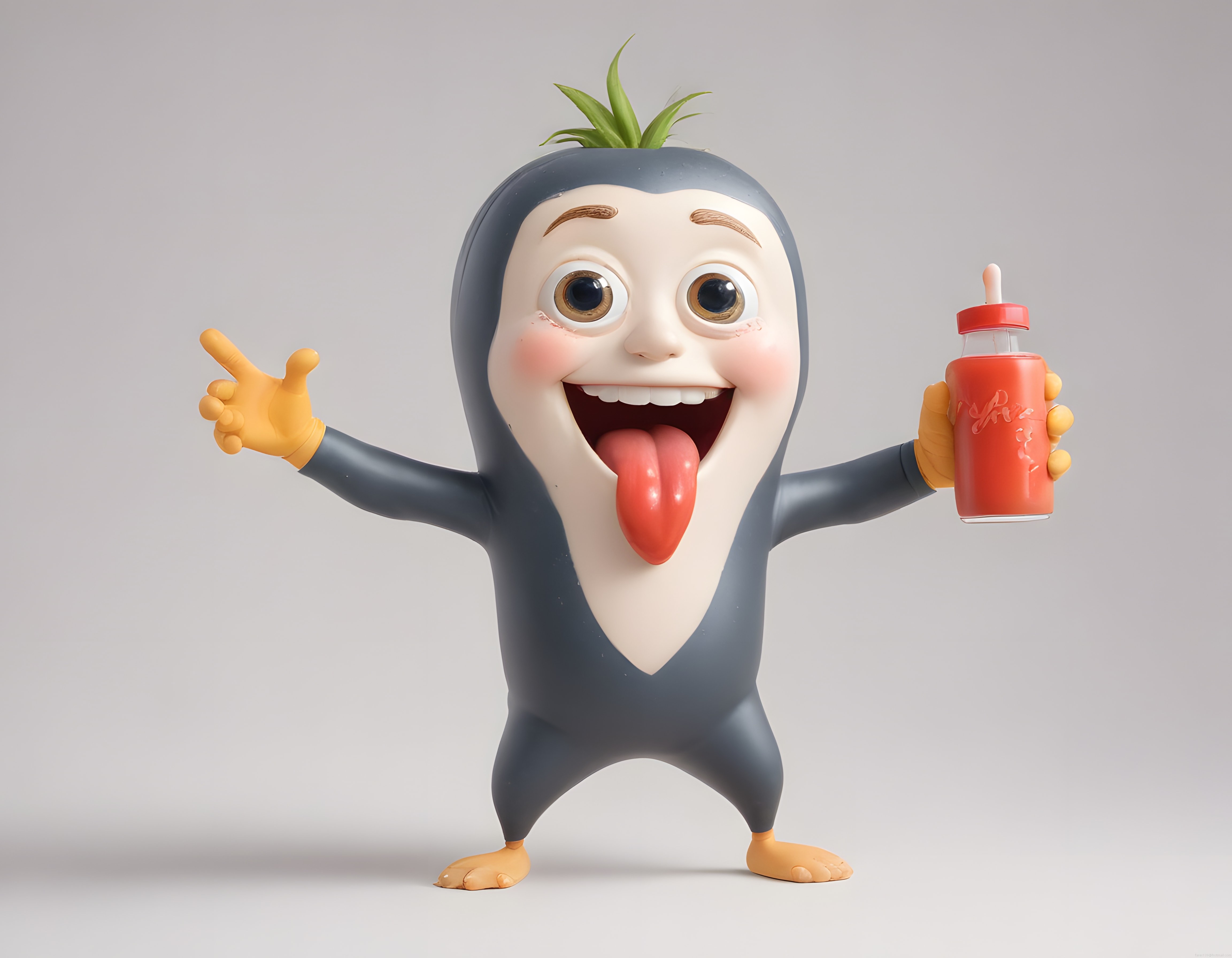 Dilini çıkarmış bitki başlı komik 3D karakter figürü meyve suyu tutuyor
