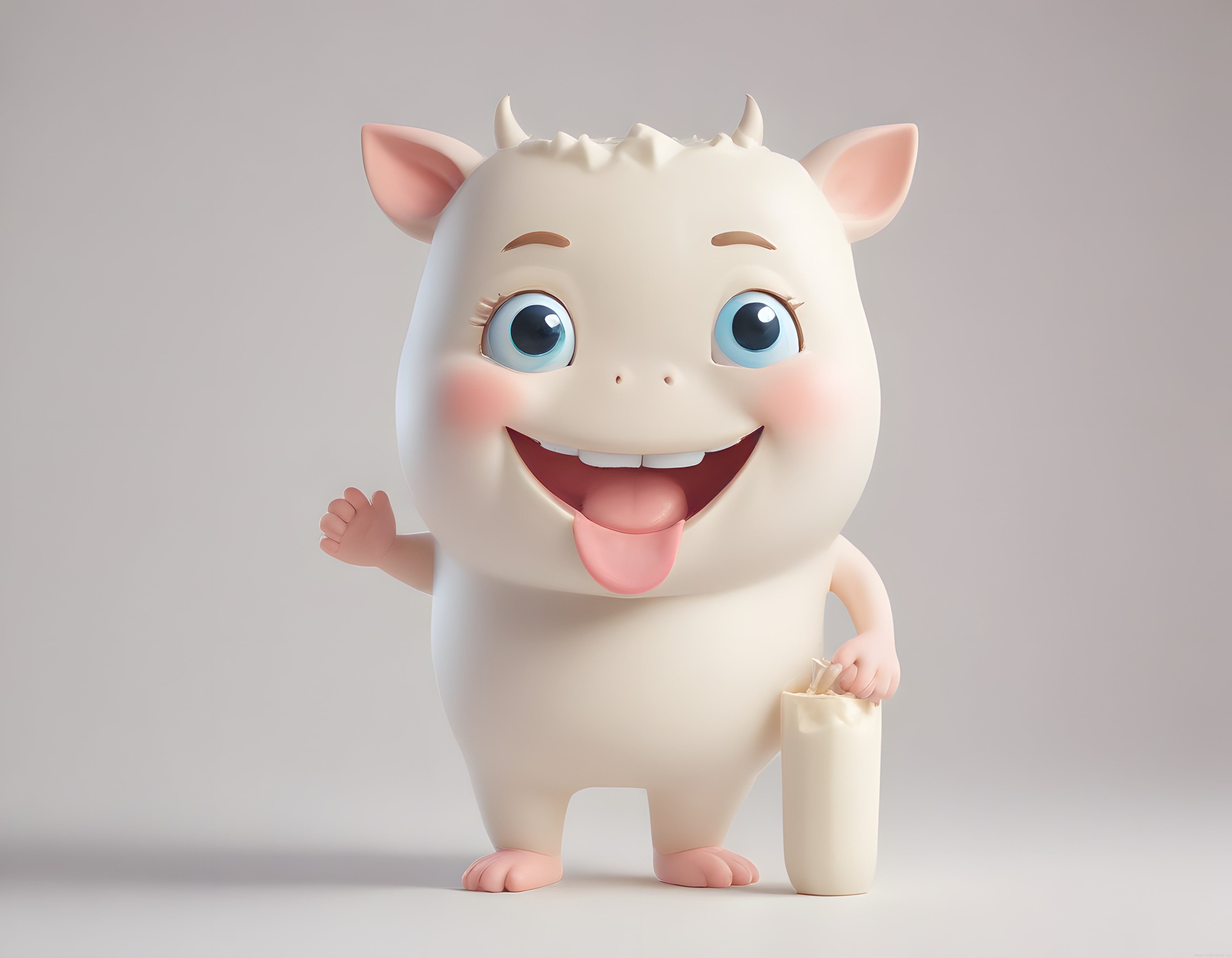 Dilini Çıkarmış Neşeli 3D Boynuzlu Karakter ve Elindeki İçecek Bardağı