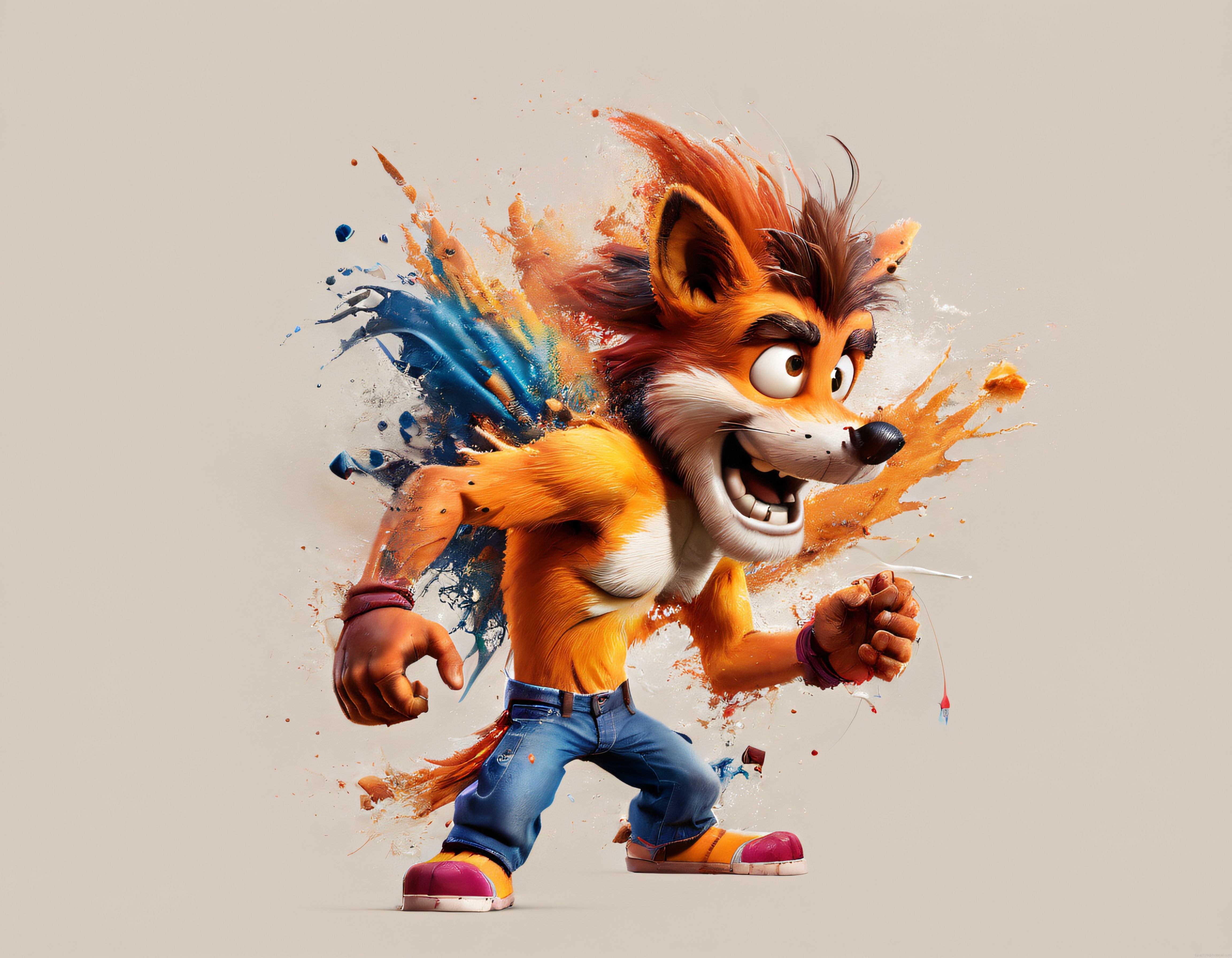 Dinamik Boya Sıçramalı Efektlerle Canlanan Crash Bandicoot Karakter Tasarımı