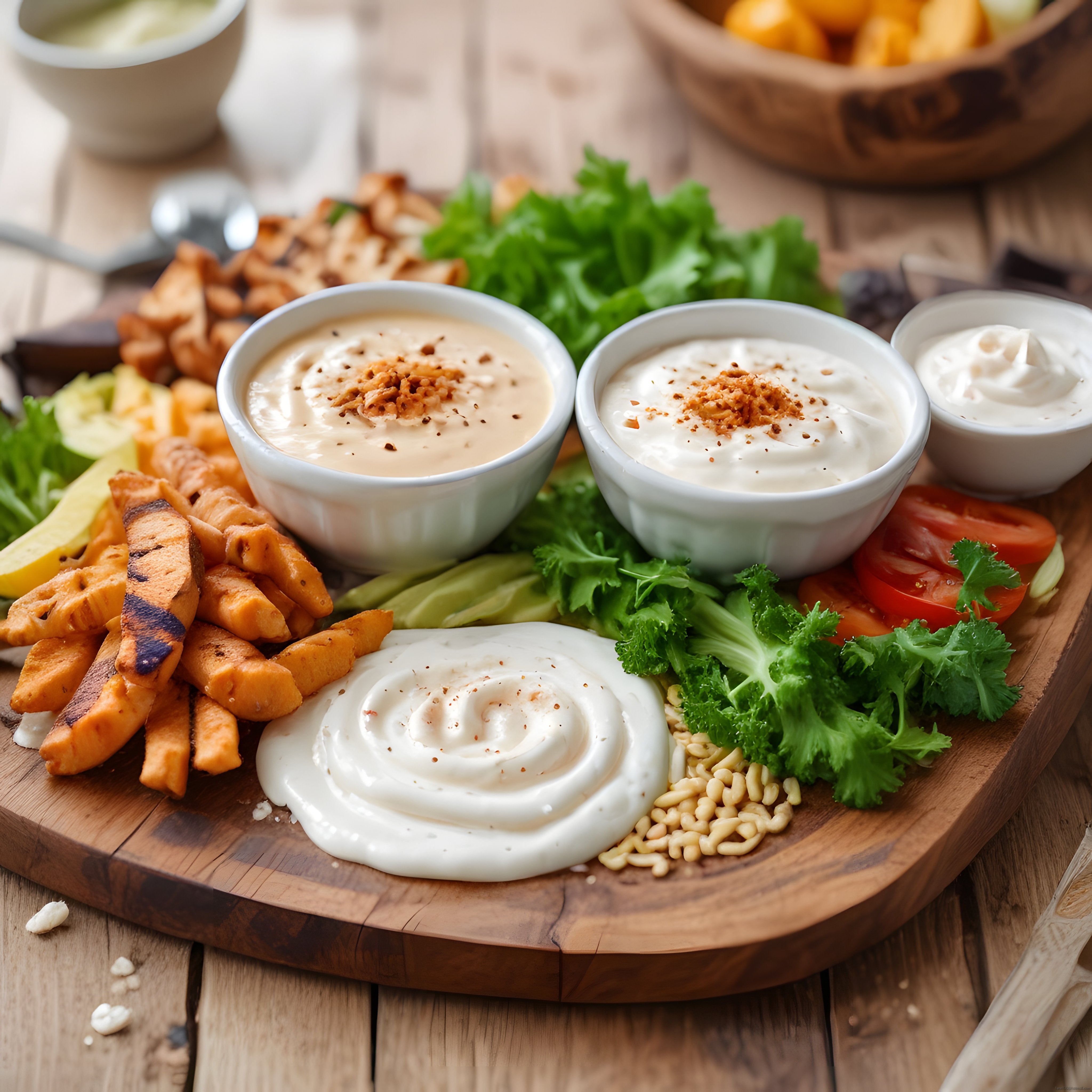 Dip Sos Çeşitleri ve Izgara Tatlı Patatesli Sağlıklı Atıştırmalık Tabağı