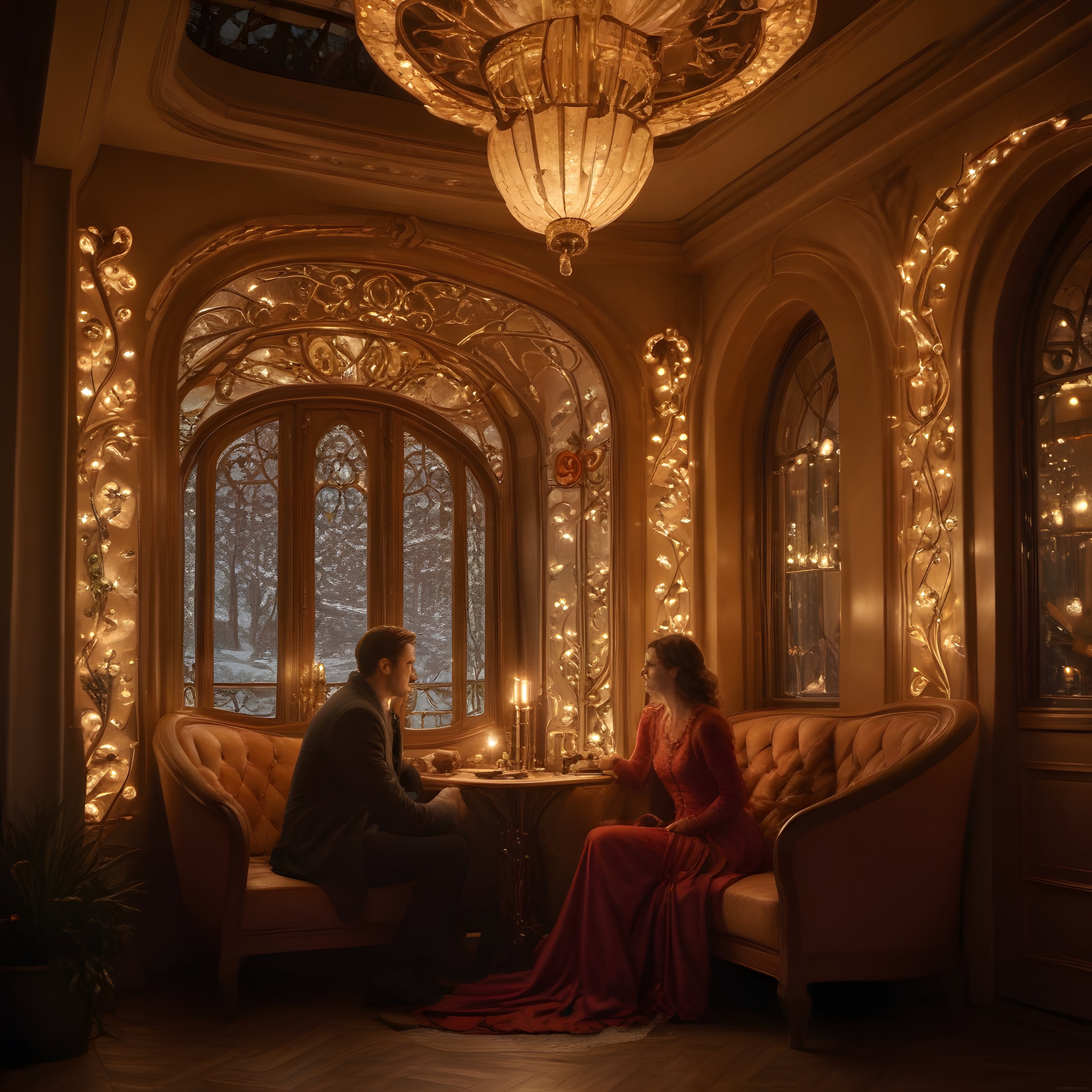Dışarıda Karlı Orman Manzaralı Art Nouveau Köşede Romantik Akşam Yemeği Dışarıda Karlı Orman Manzaralı Art Nouveau Köşede Romantik Akşam Yemeği