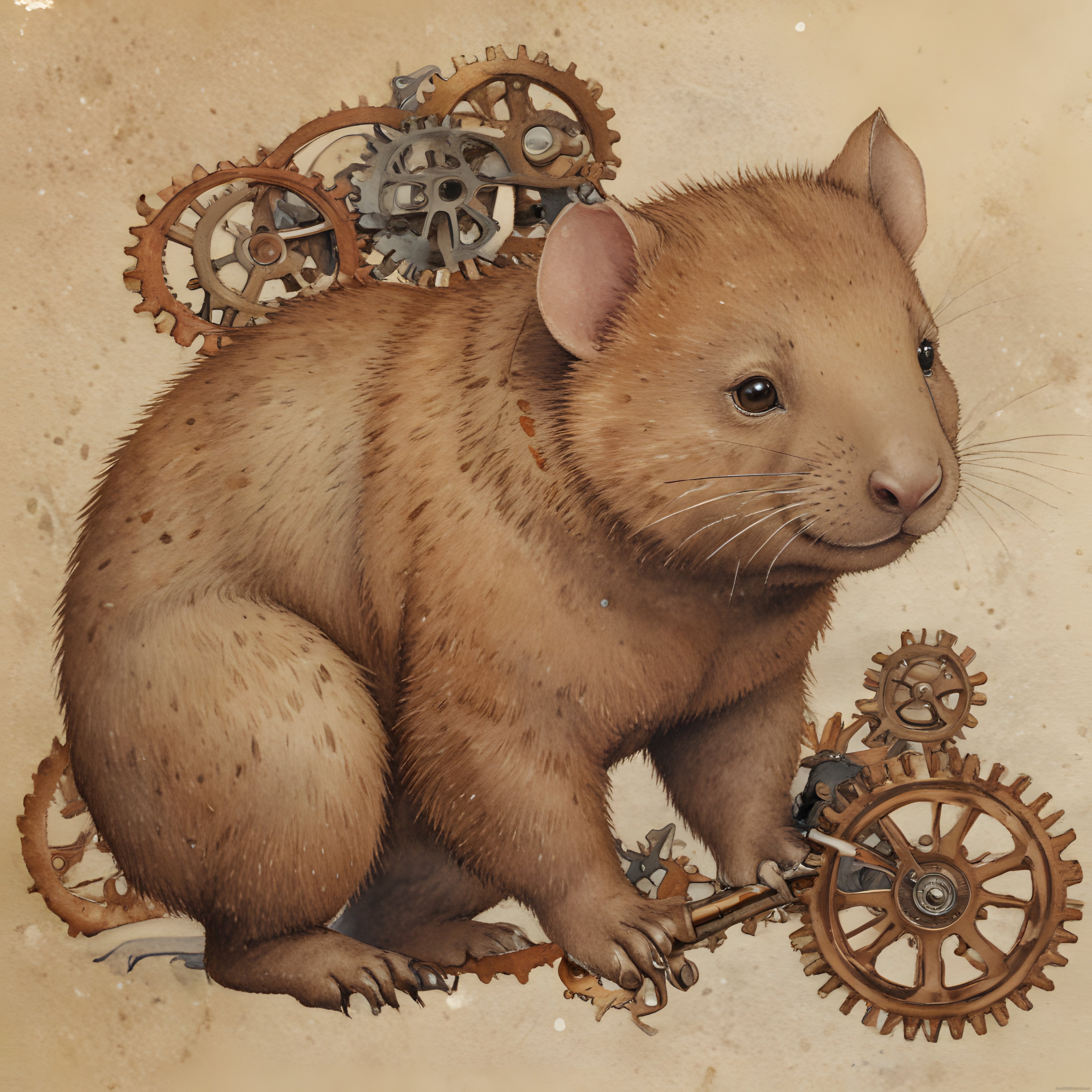 Dişli Çarklarla Süslenmiş Sevimli Fare: Steampunk Dijital Sanat