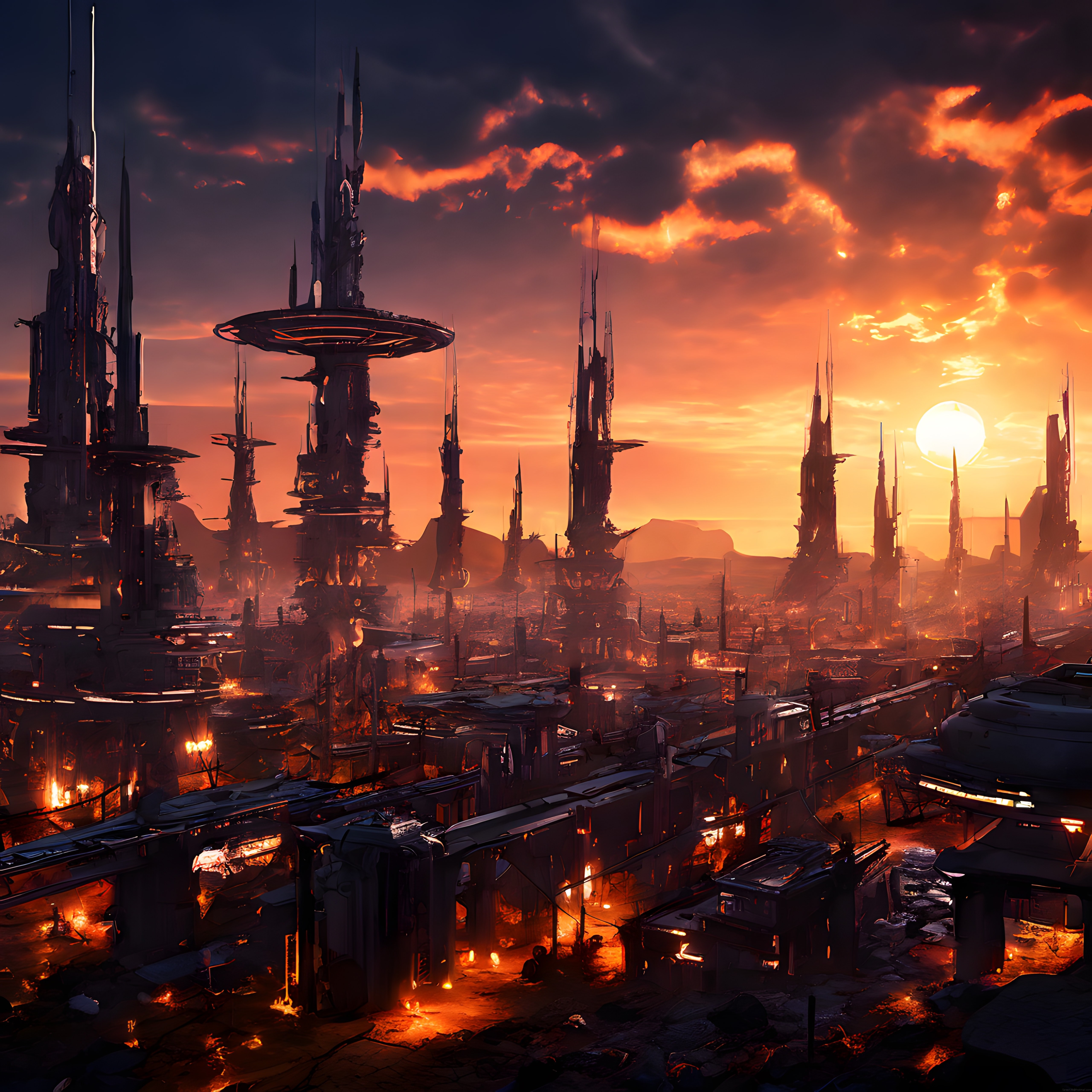 Distopik Gelecek Şehri: Cyberpunk Metropolde Kan Kırmızısı Gün Batımı