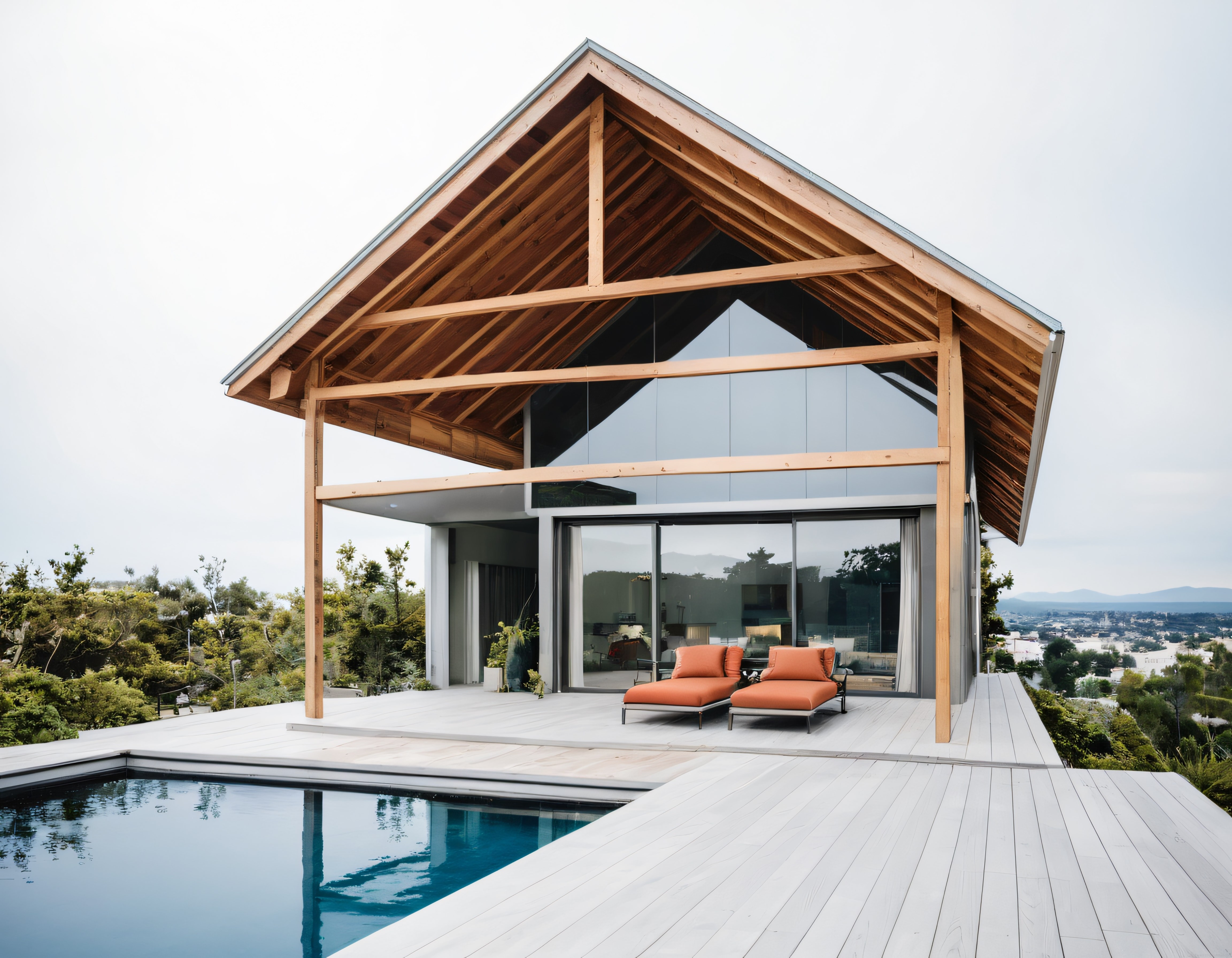 Doğa İçinde Ahşap Kirişli Çatılı Cam Cepheli Villa ve Havuz Manzarası