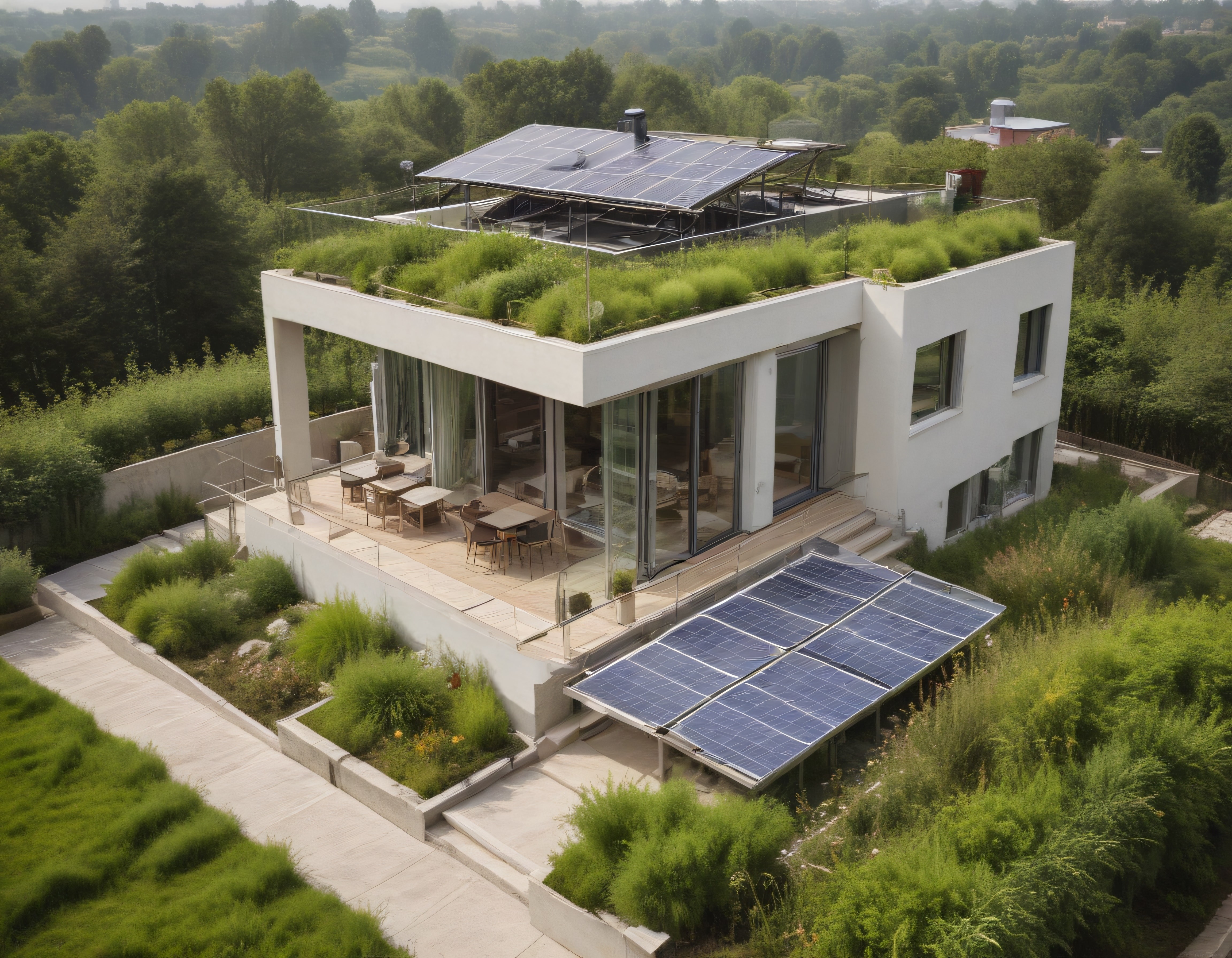 Doğa İçinde Çevre Dostu Yeşil Çatılı Güneş Panelli Modern Villa Tasarımı