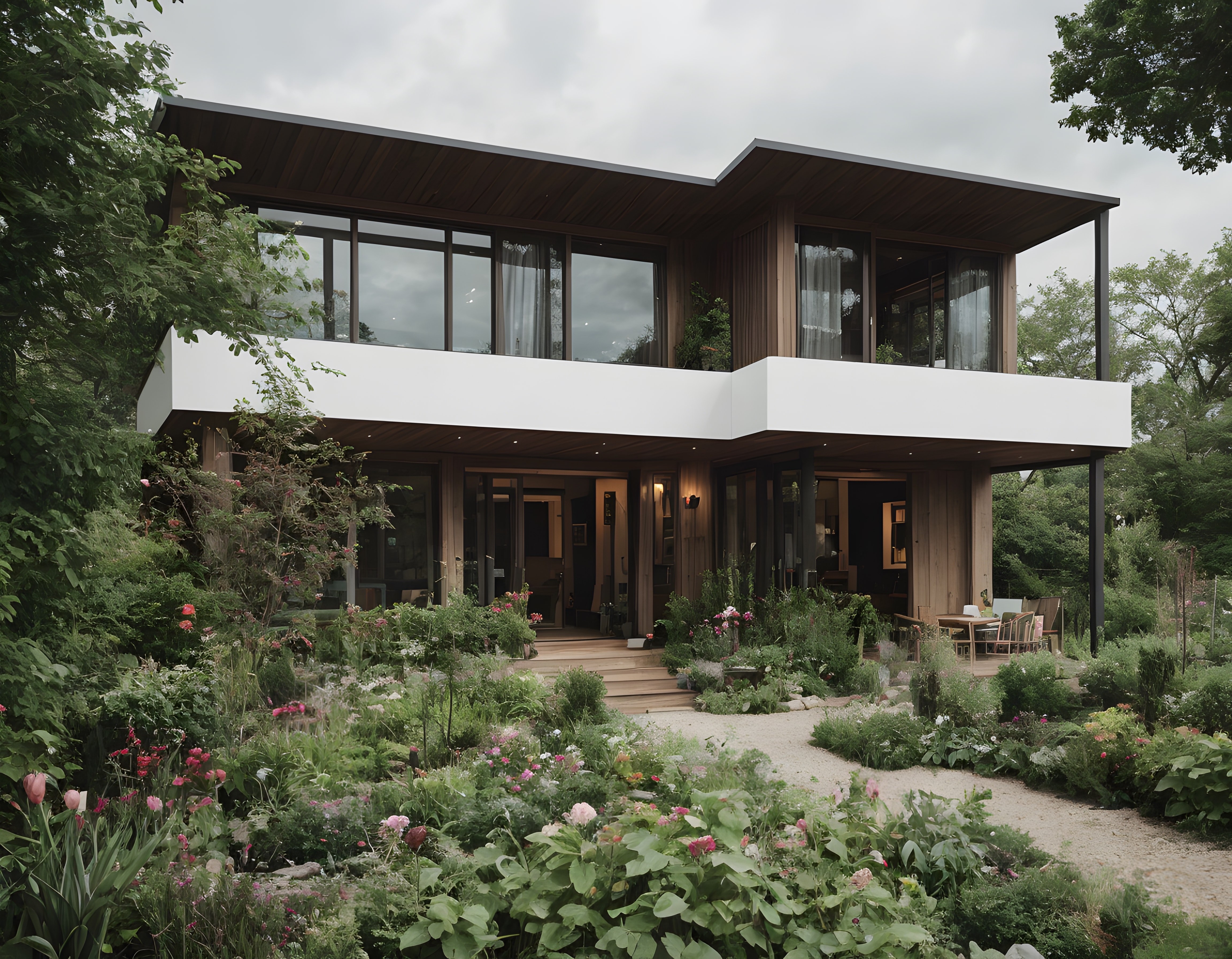 Doğa İçinde Huzur Veren Modern Villa: Ahşap Cephe ve Çiçekli Bahçe