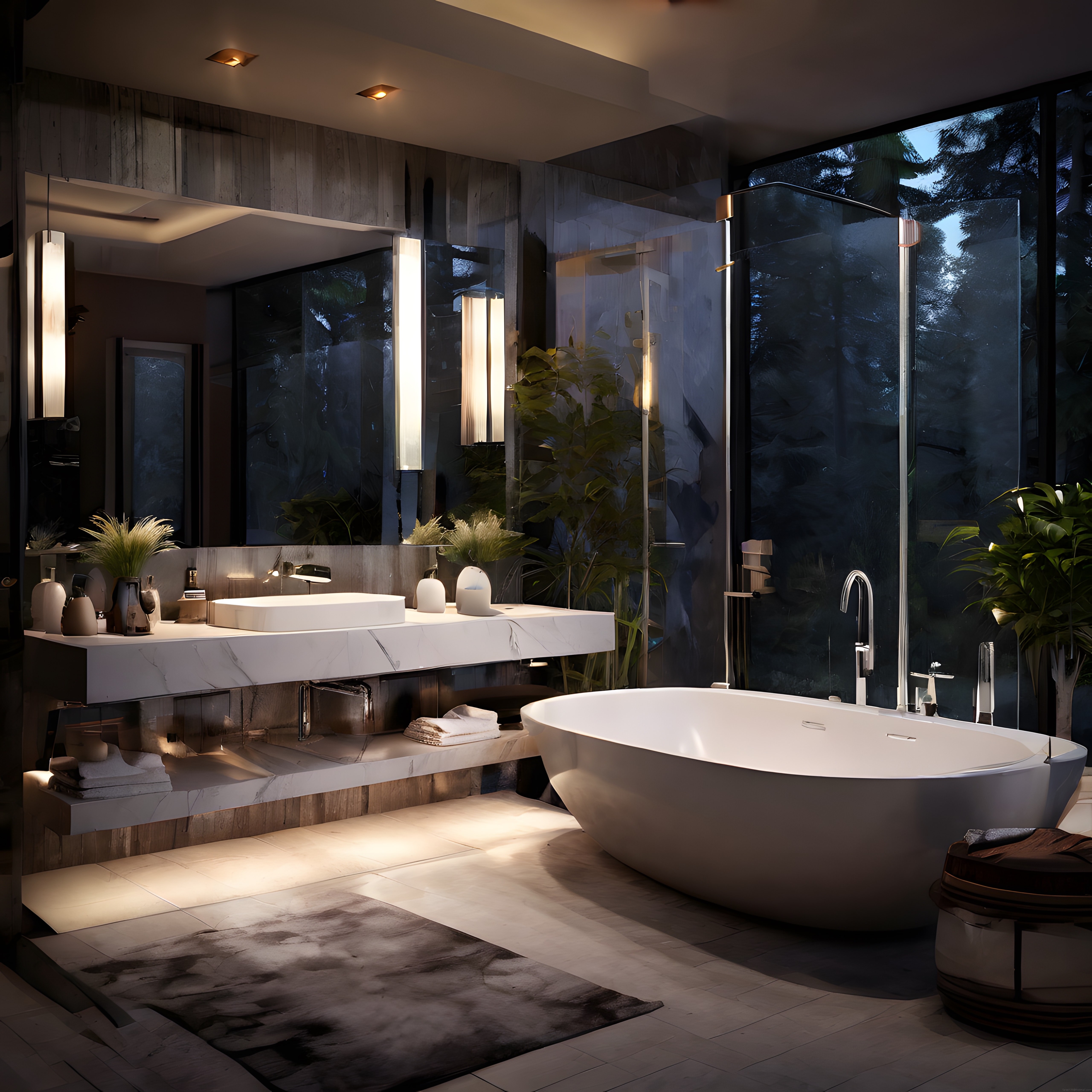 Doğa İçinde Lüks Spa Havasında Modern ve Sıcak Aydınlatmalı Banyo Tasarımı