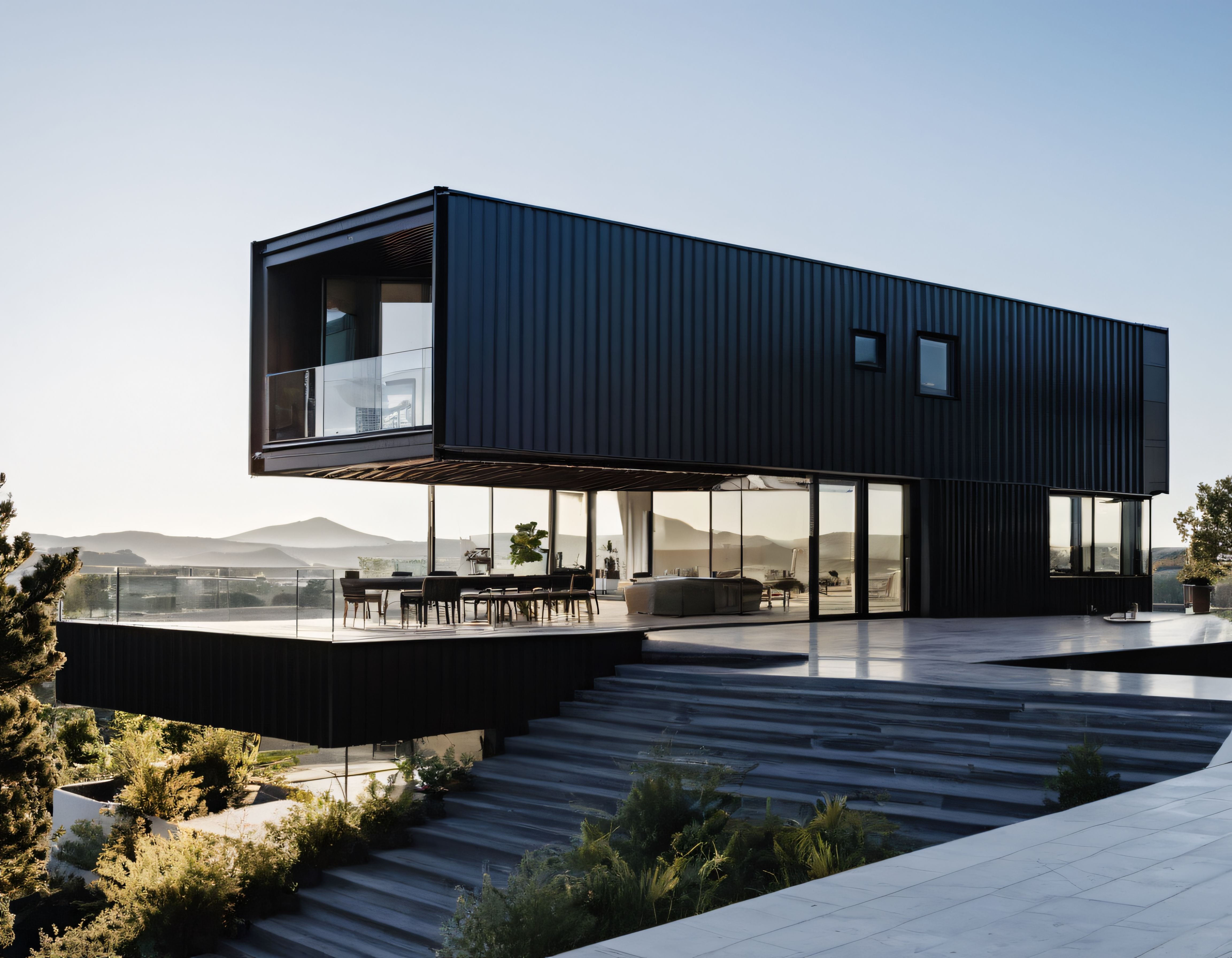Doğa içinde modern konteyner villa, siyah dış cephe ve panoramik cam duvarlar