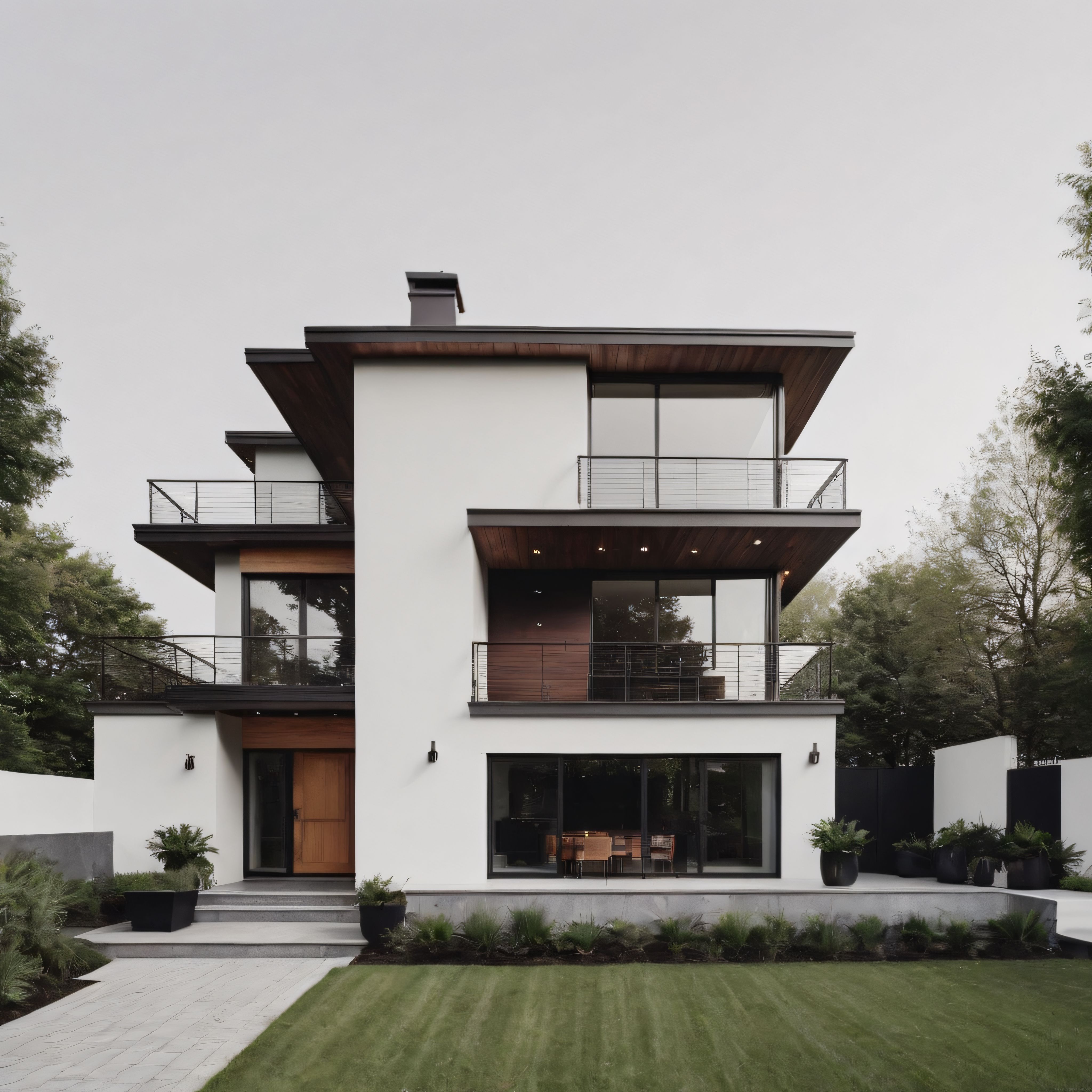 Doğa içinde modern mimariye sahip minimalist beyaz villa ve peyzaj düzenlemesi