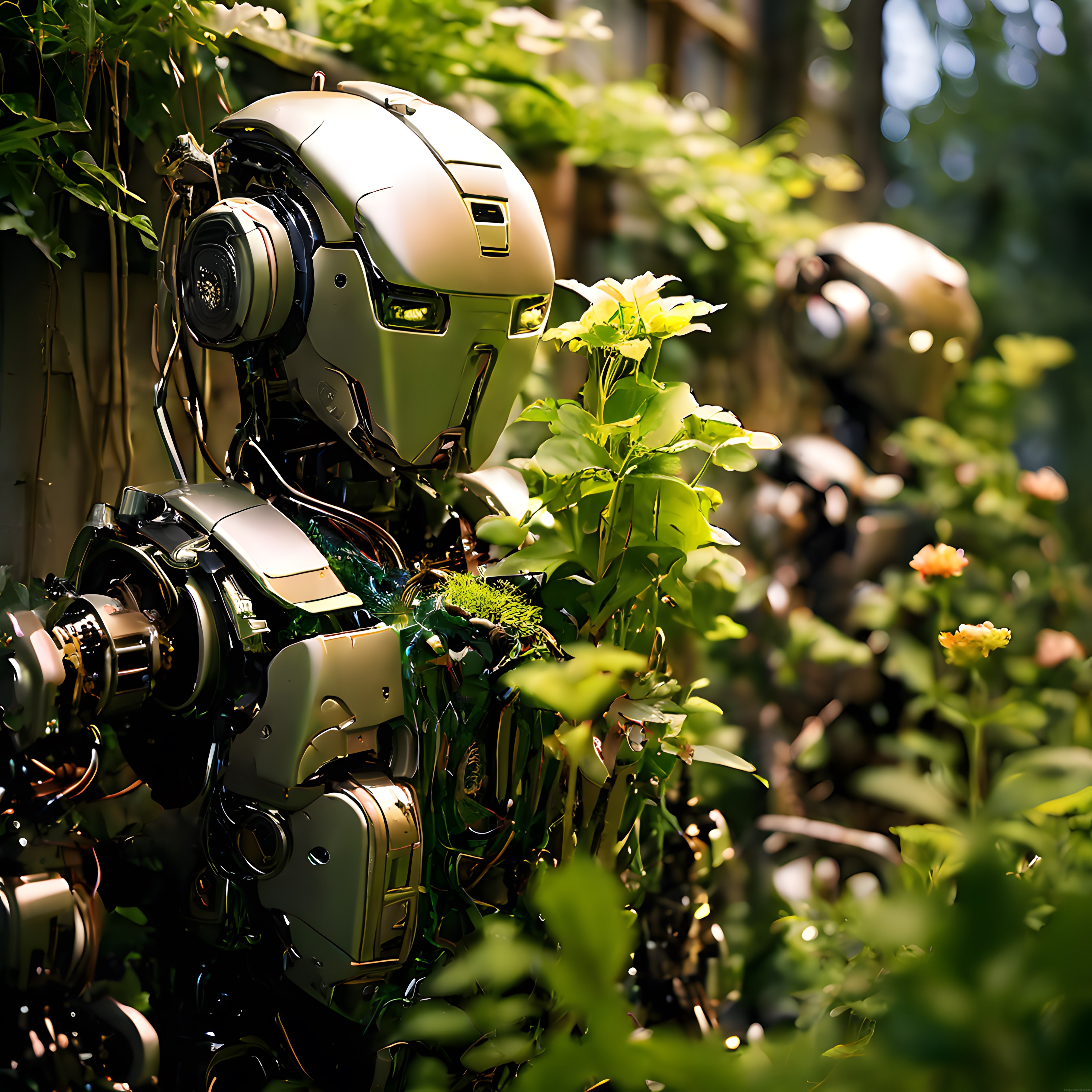 Doğa ile Bütünleşen Geleceğin Robotu Yemyeşil Ormanda Çiçekleri İnceliyor