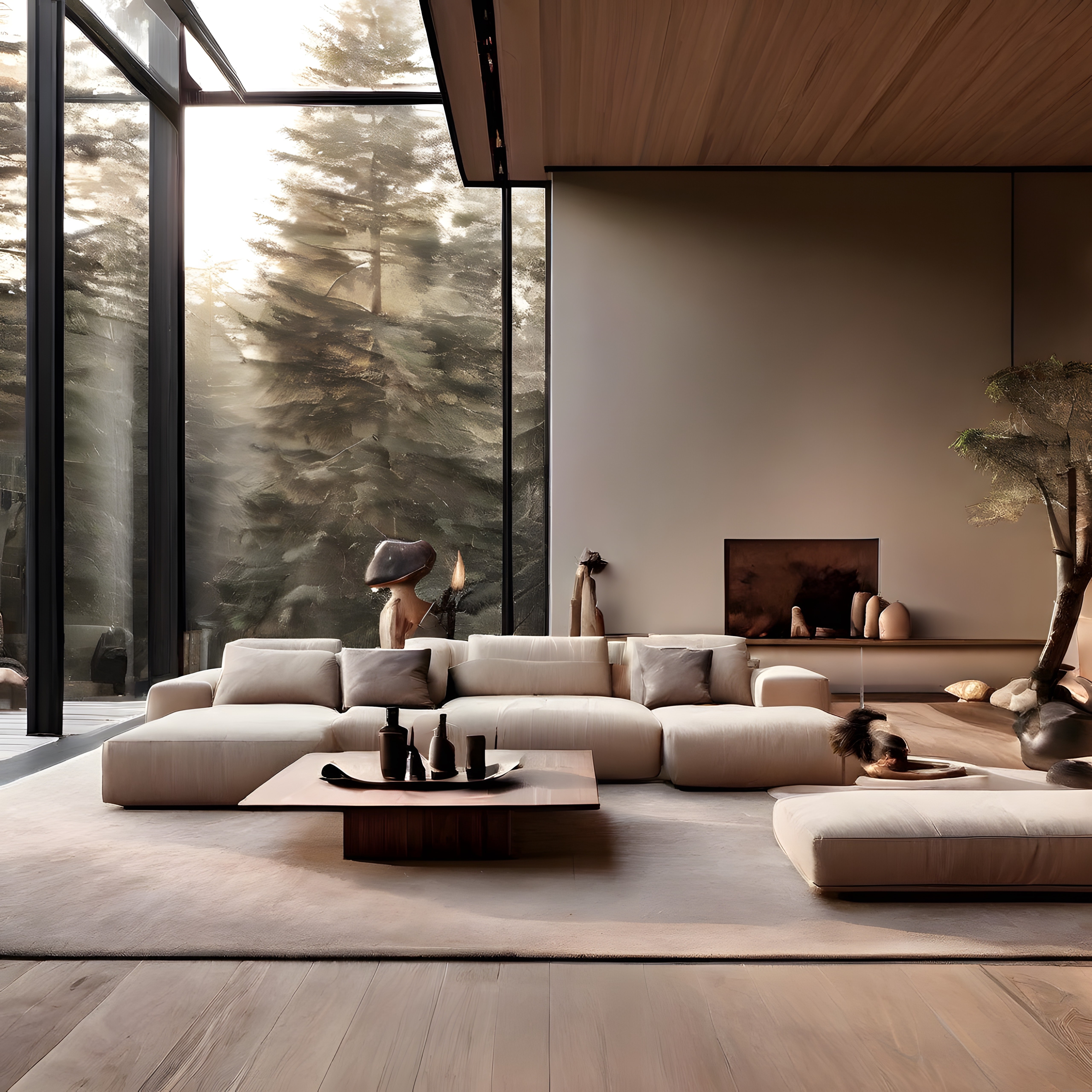 Doğa ile Bütünleşen Lüks Modern Oturma Odası ve Minimalist Ev Dekorasyonu