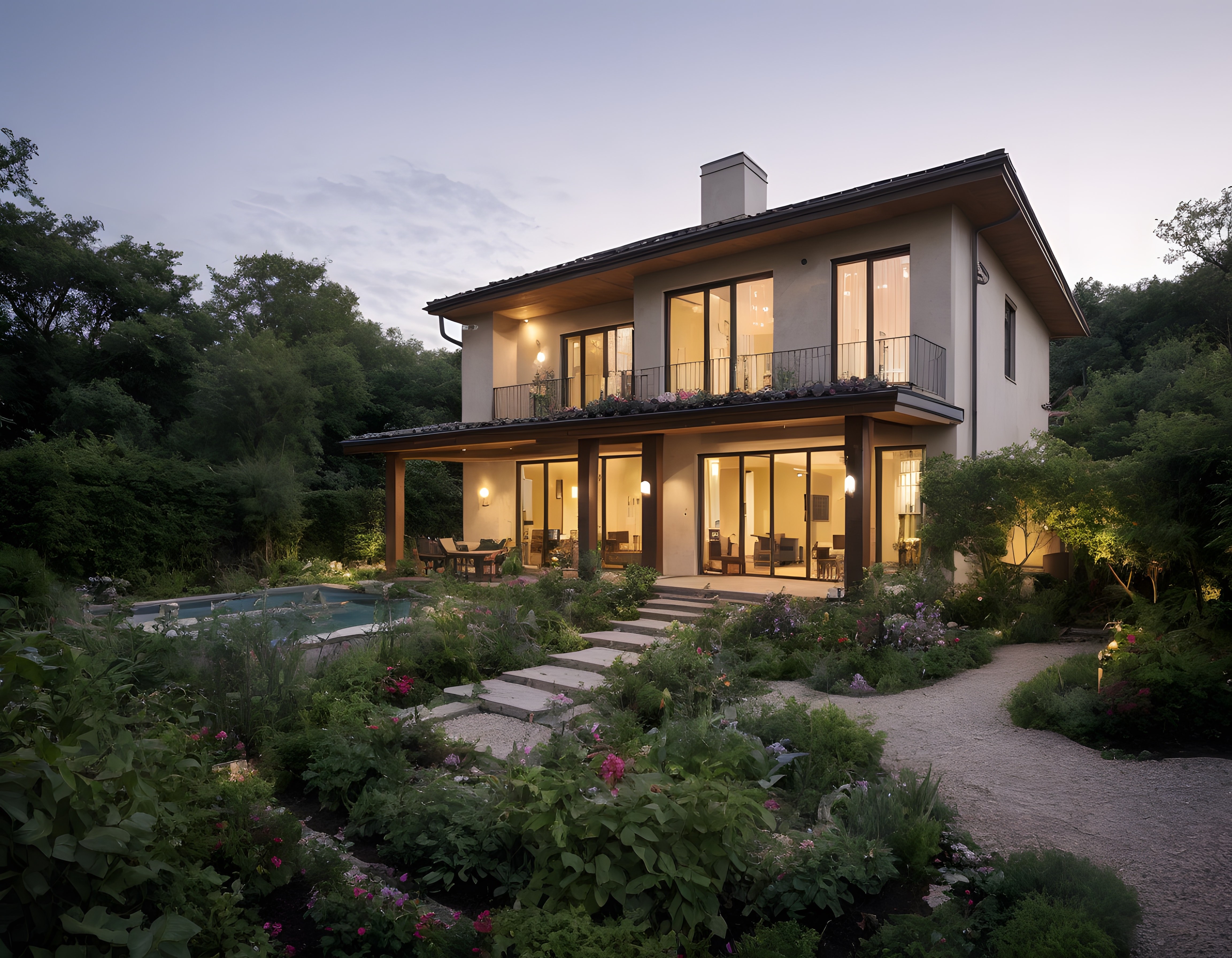 Doğa ile iç içe, gün batımında büyüleyici modern villa ve bahçe