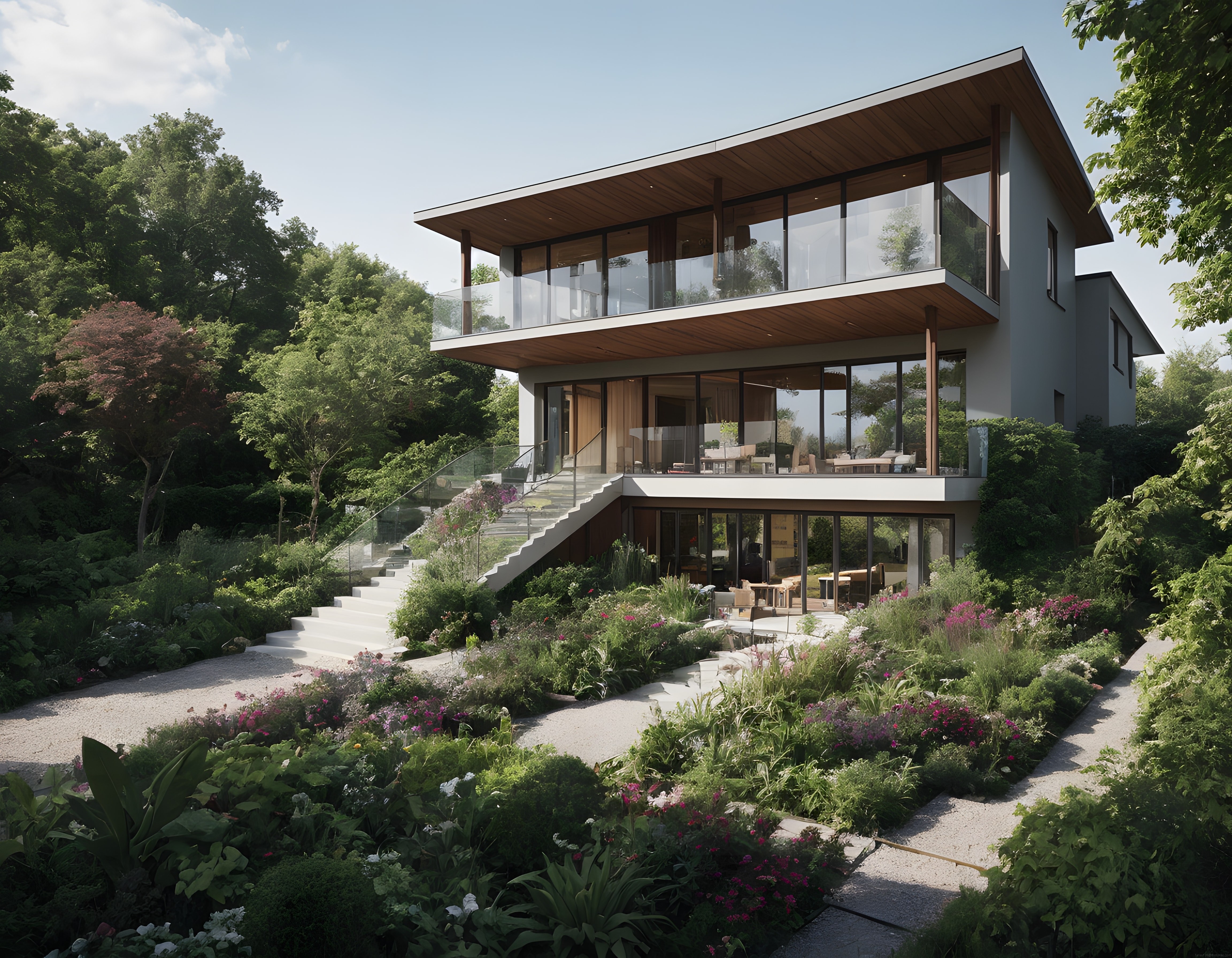 doğa ile iç içe modern bahçeli lüks villa ve çevresindeki yeşillikler