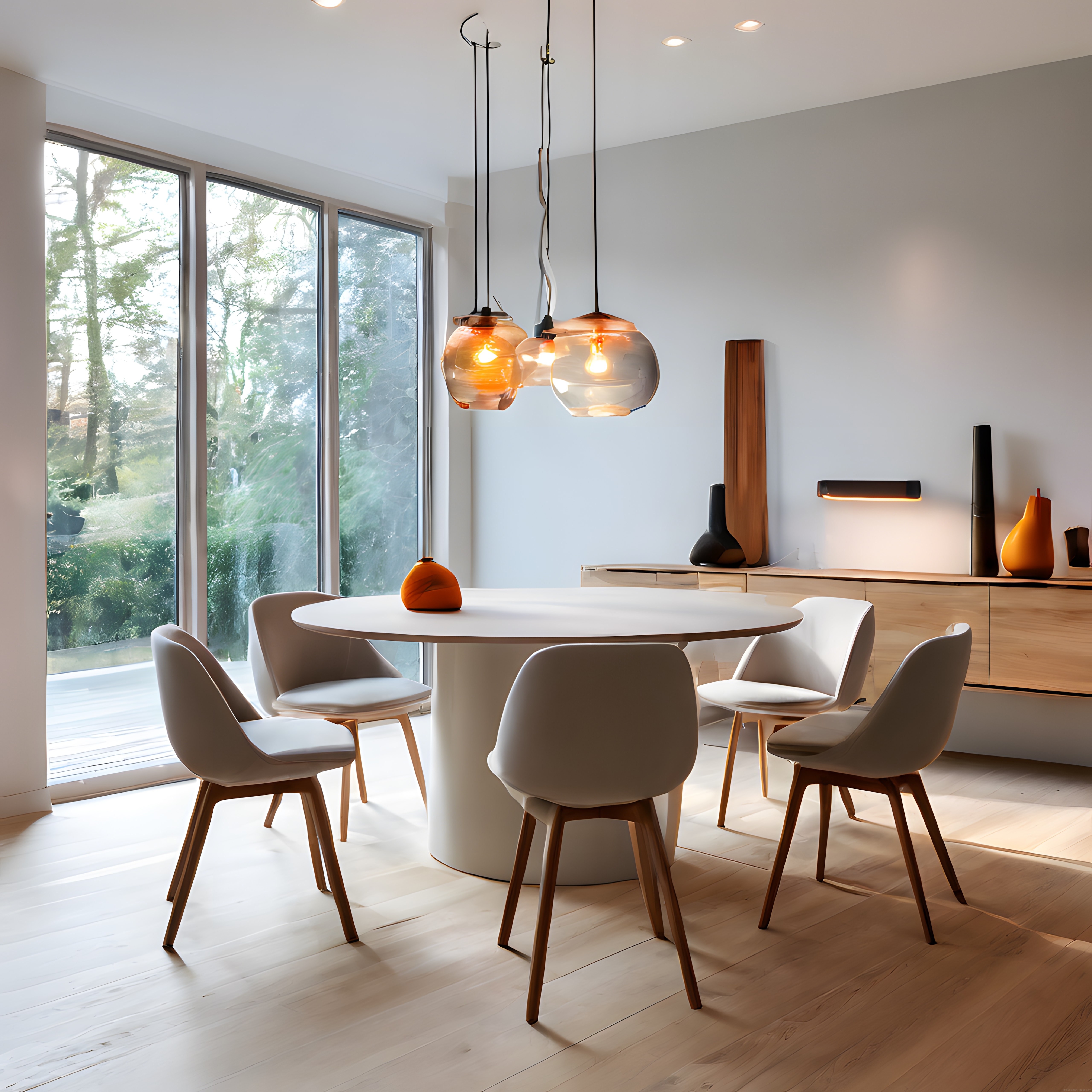 Doğa ışığıyla aydınlanan modern yemek odası: minimalist mobilya ve şık avize