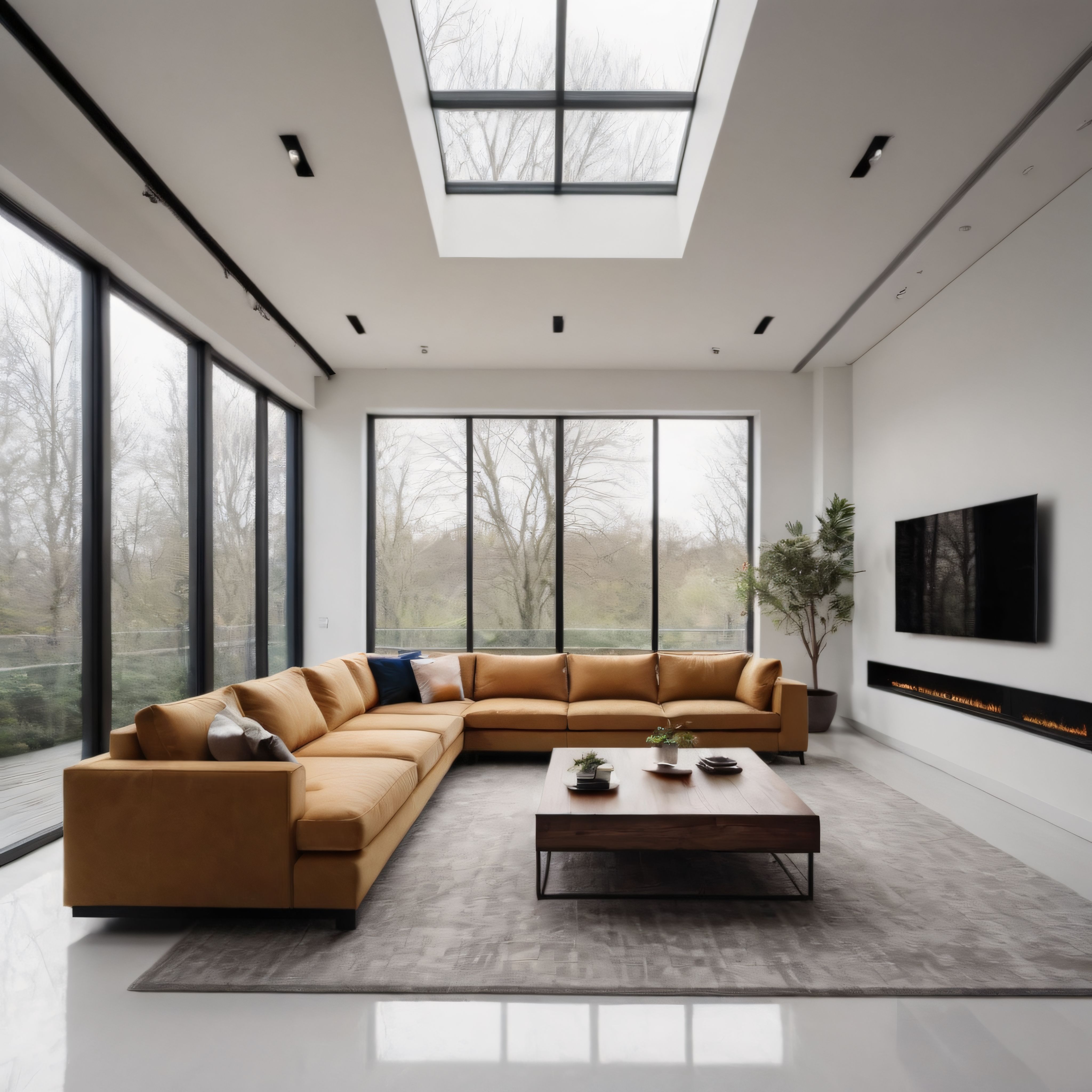 Doğa manzaralı cam cepheli, gömme şömineli çağdaş minimalist oturma odası