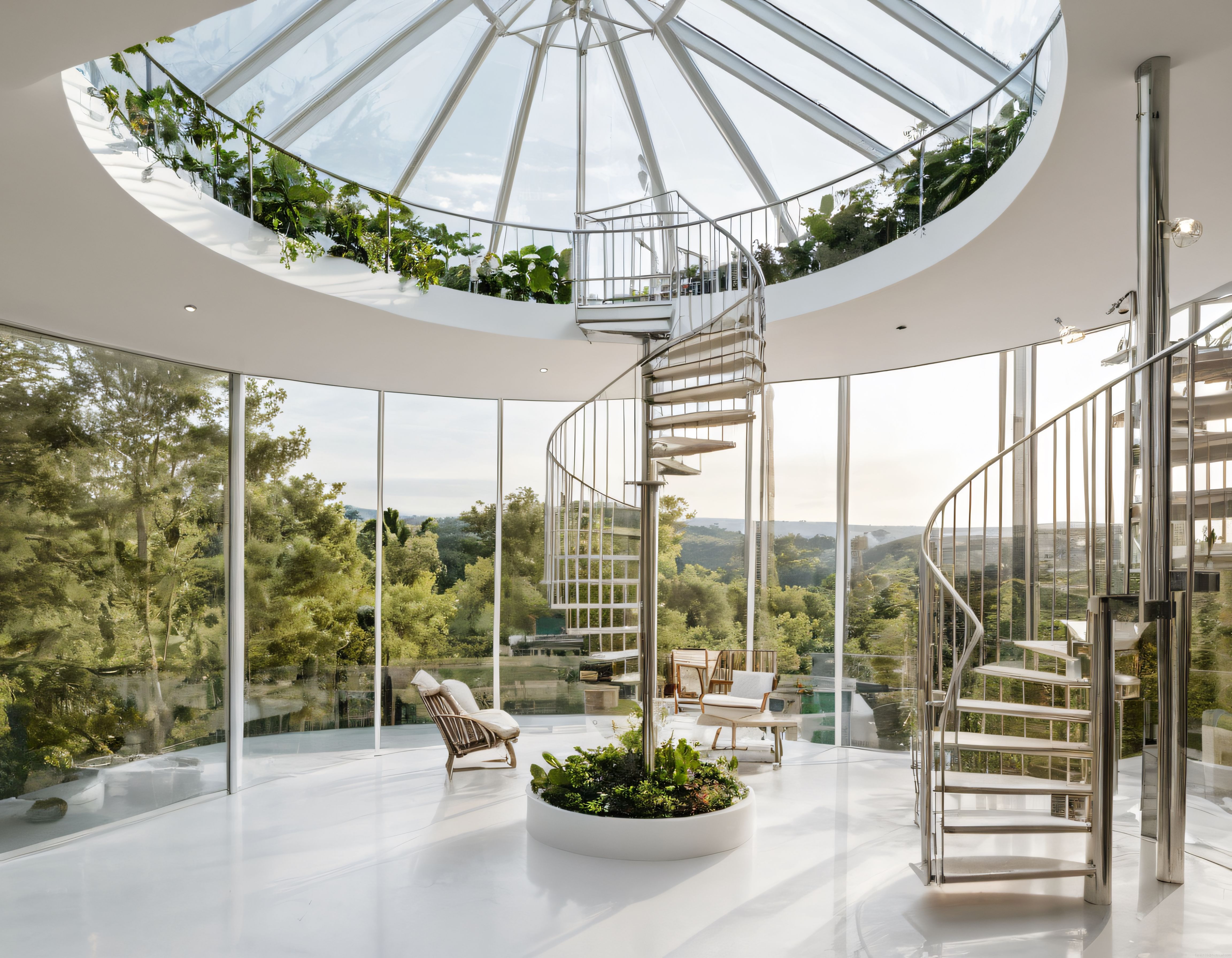 Doğa Manzaralı Cam Kubbeli Modern Villa İçi Spiral Merdiven Dekorasyonu
