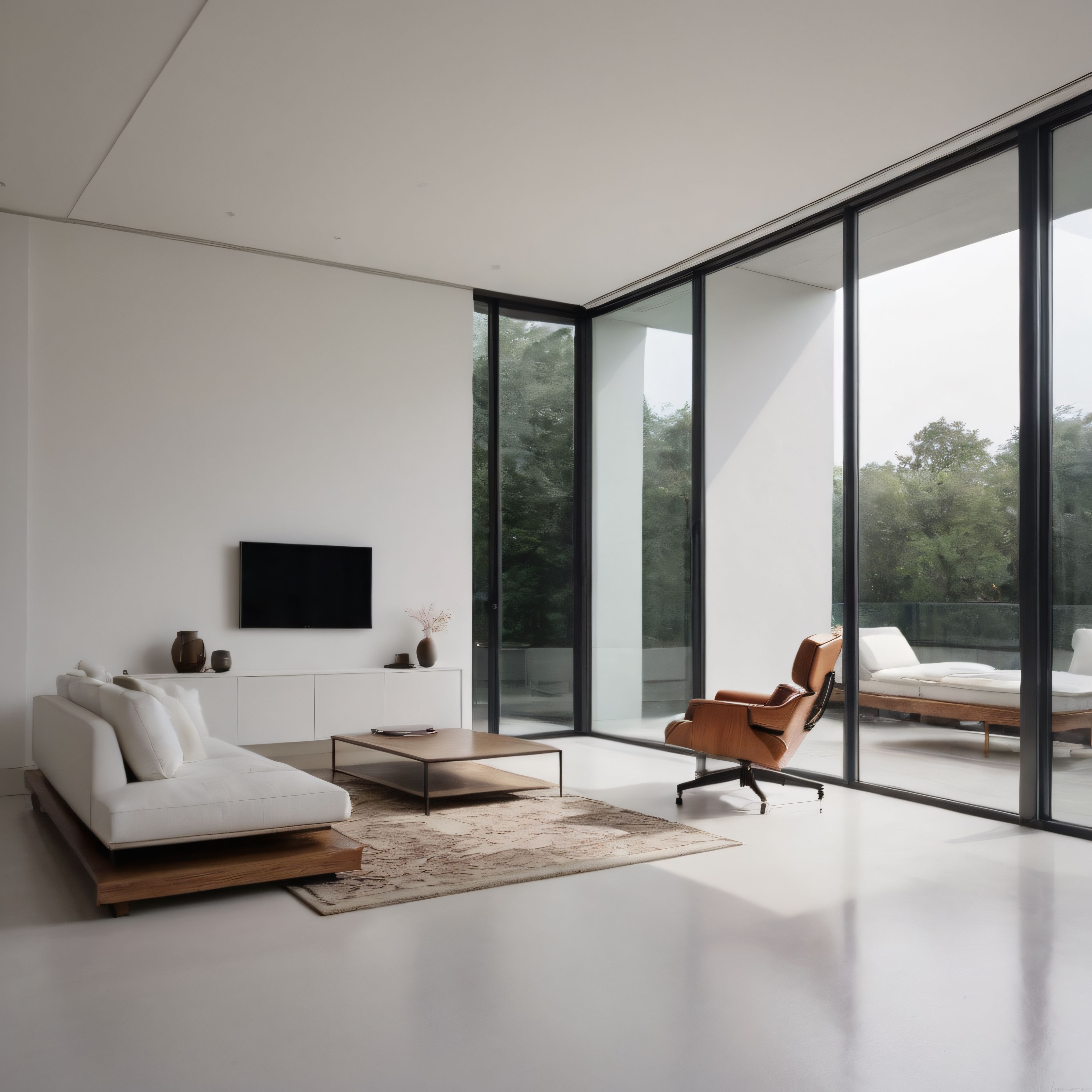 Doğa Manzaralı Geniş Cam Cepheli Lüks Minimalist Oturma Odası Dekorasyonu