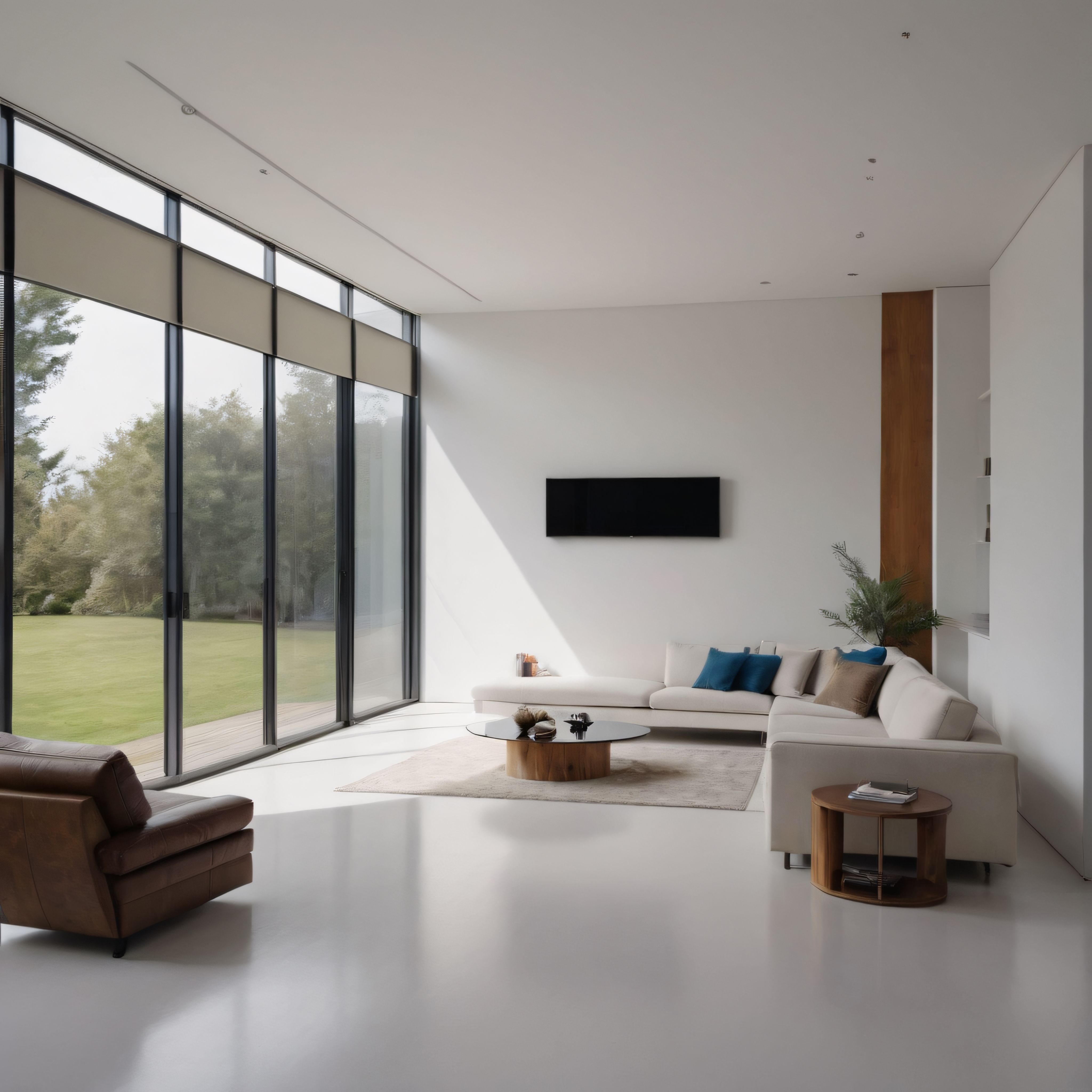Doğa Manzaralı Geniş Pencereli Ferah Modern Minimalist Salon Tasarımı