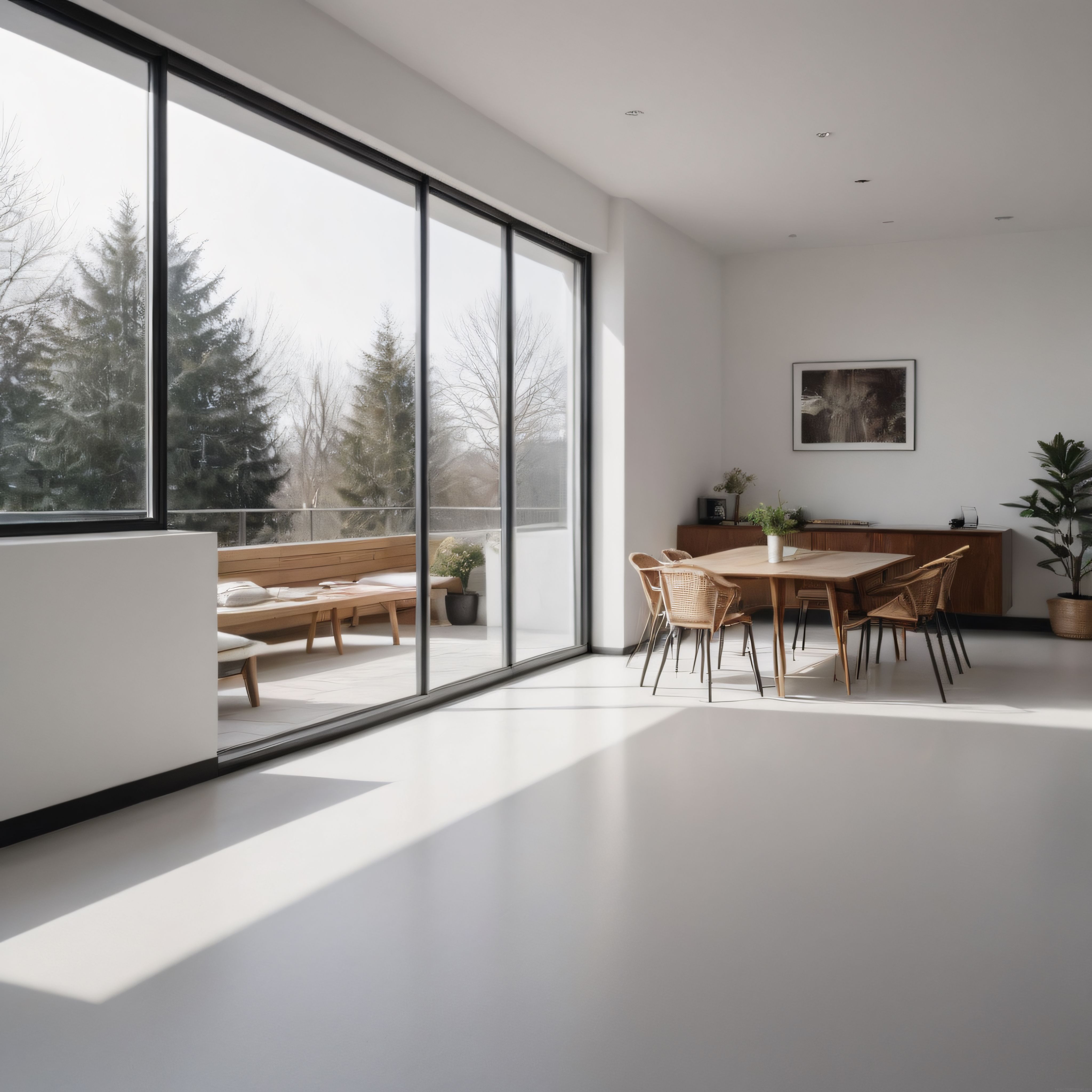 Doğa Manzaralı Geniş Pencereli Modern Salon ve Yemek Odası Dekoru
