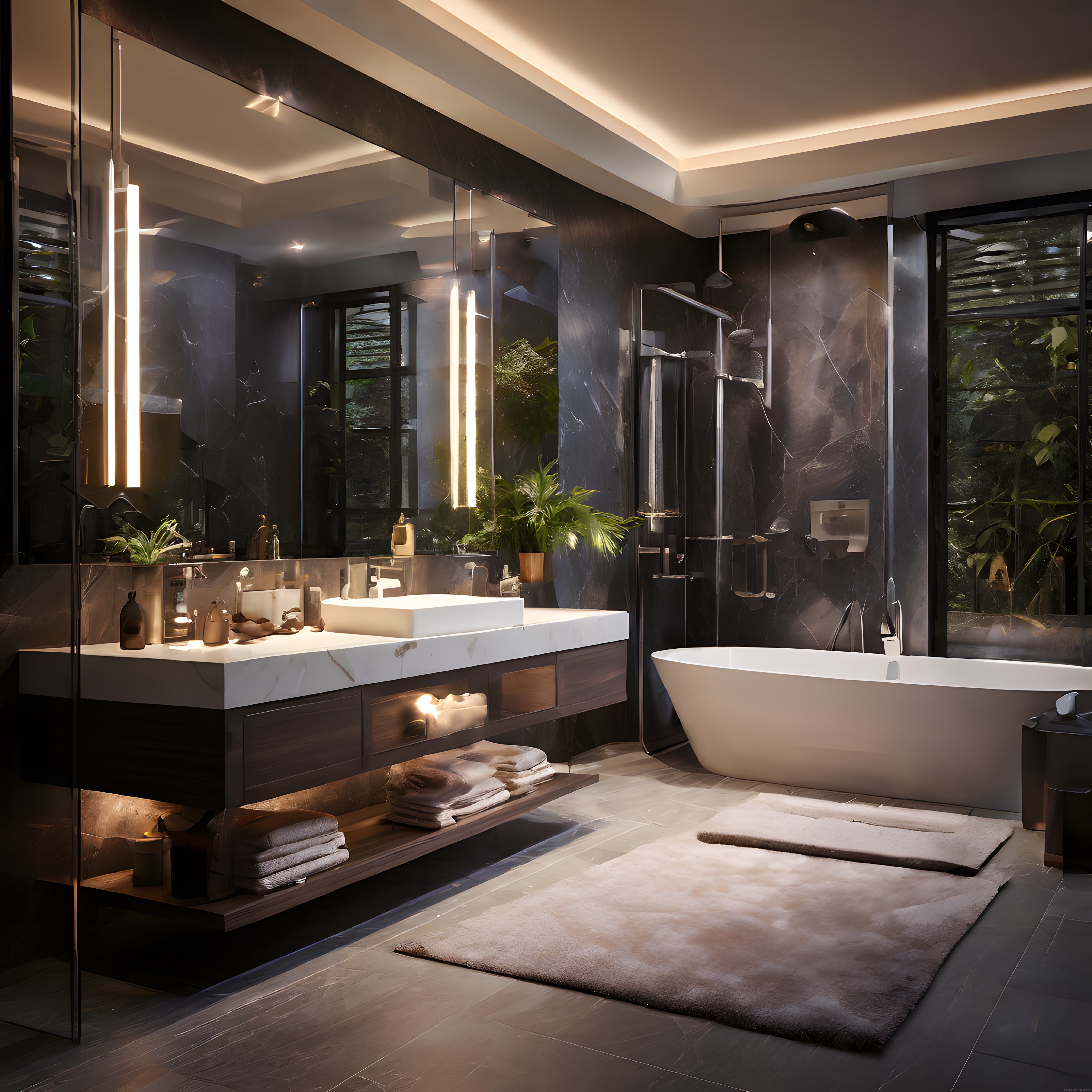 Doğa manzaralı lüks banyo dekorasyonu siyah mermer ve modern detaylarla