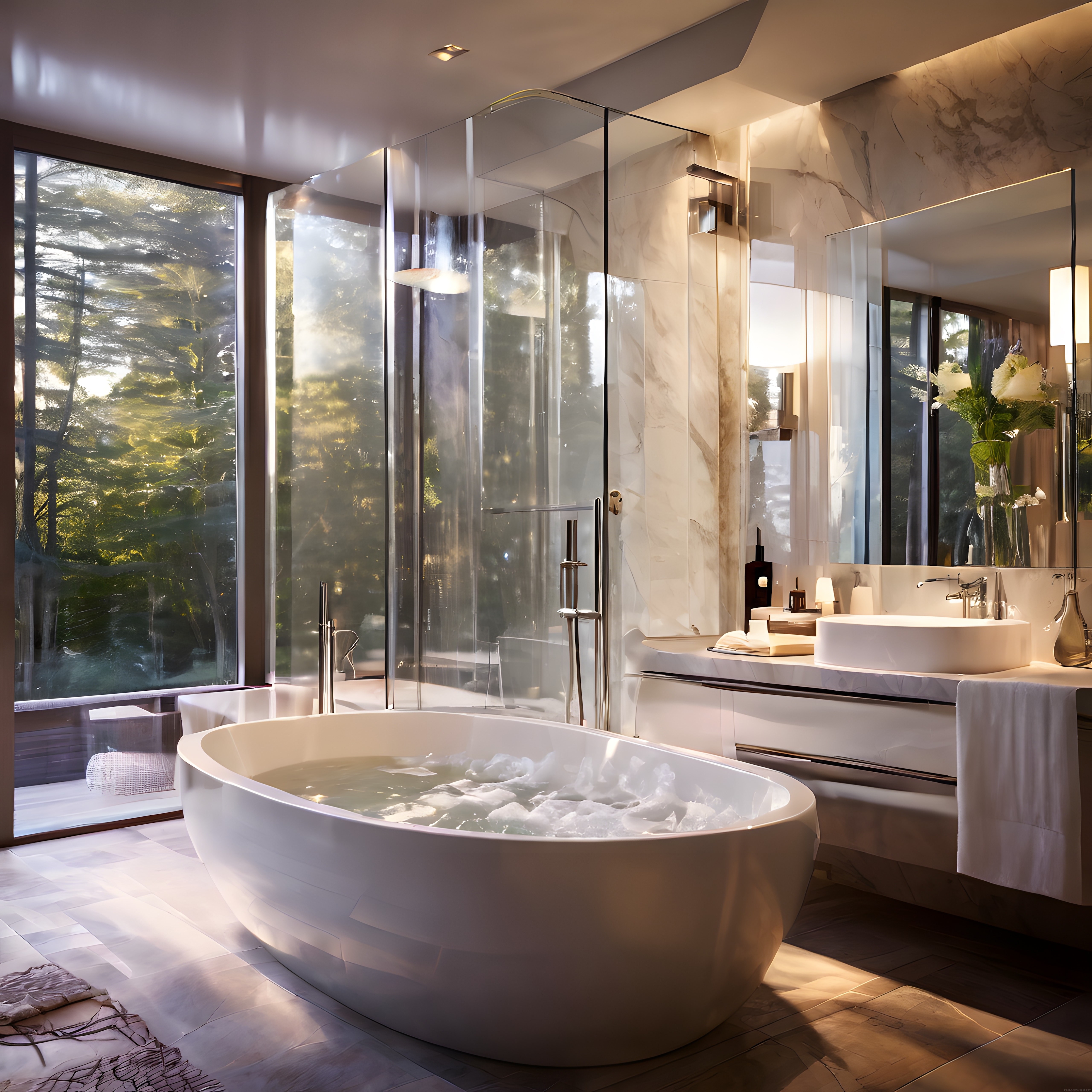 Doğa Manzaralı Lüks Banyo: Mermer Detaylar ve Modern Minimalist Tasarım