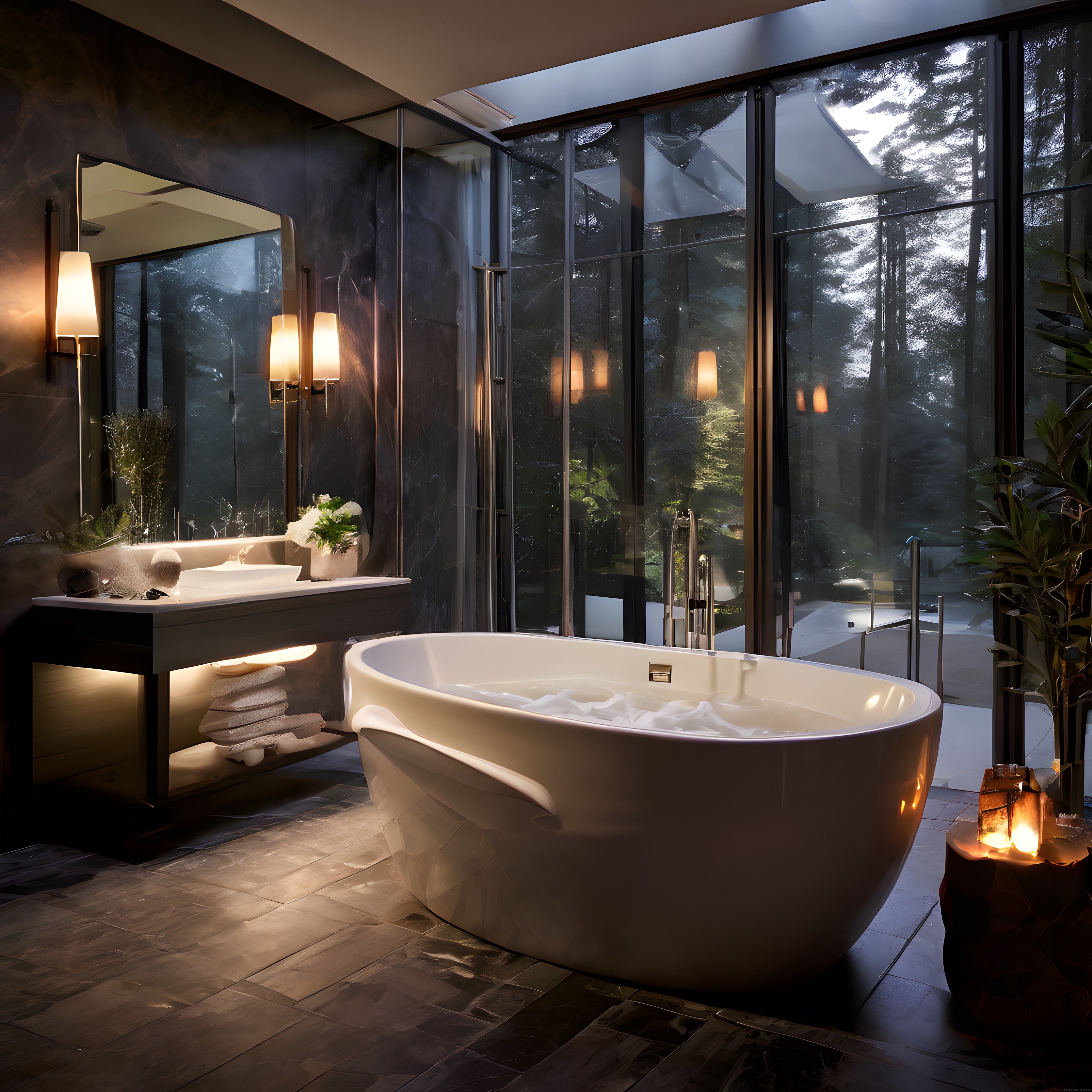 Doğa Manzaralı Lüks Banyo Tasarımı: Aydınlatmalı Modern Küvet ve Spa Atmosferi