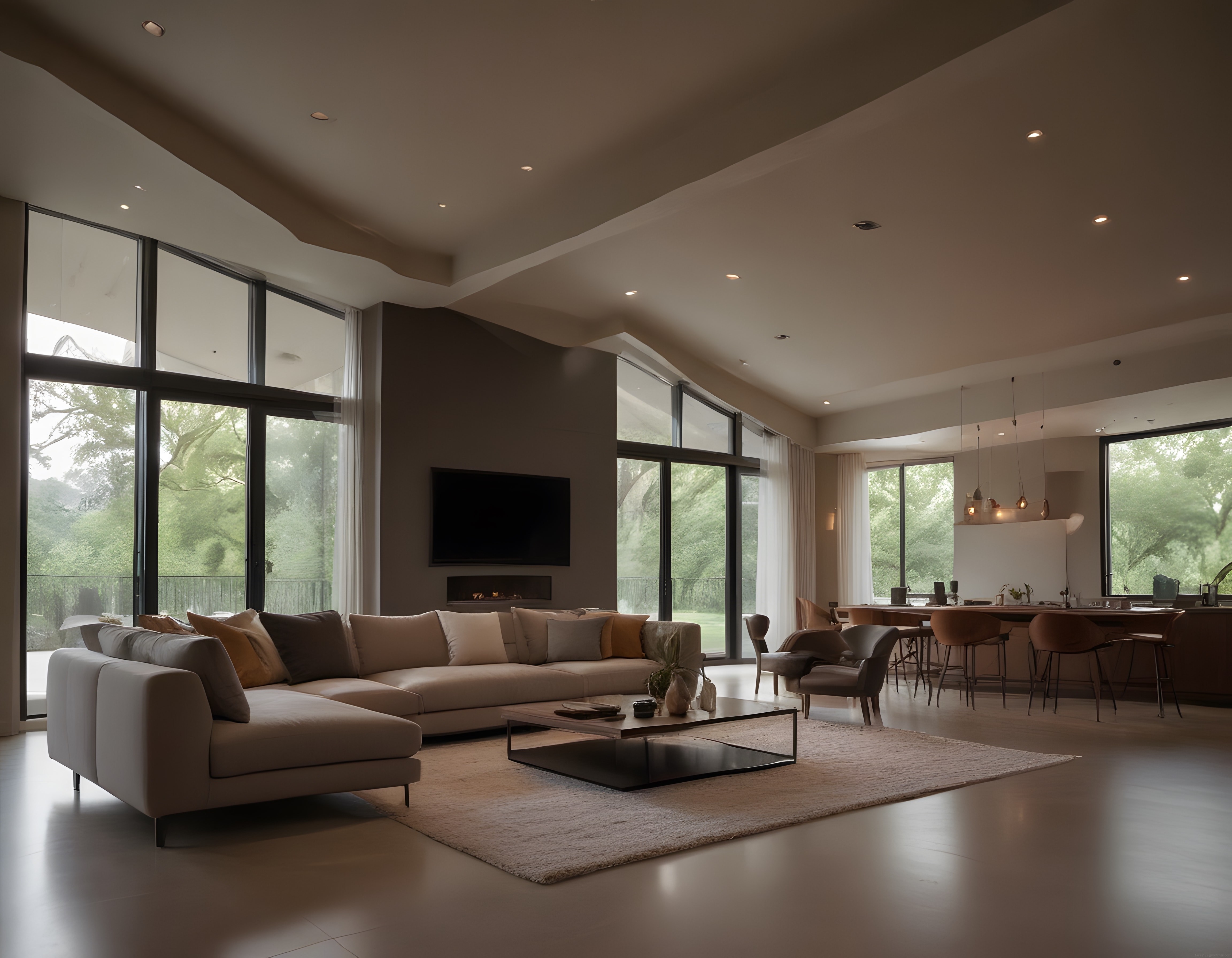 Doğa Manzaralı Lüks Villa Oturma Odası ve Modern Açık Mutfak Tasarımı