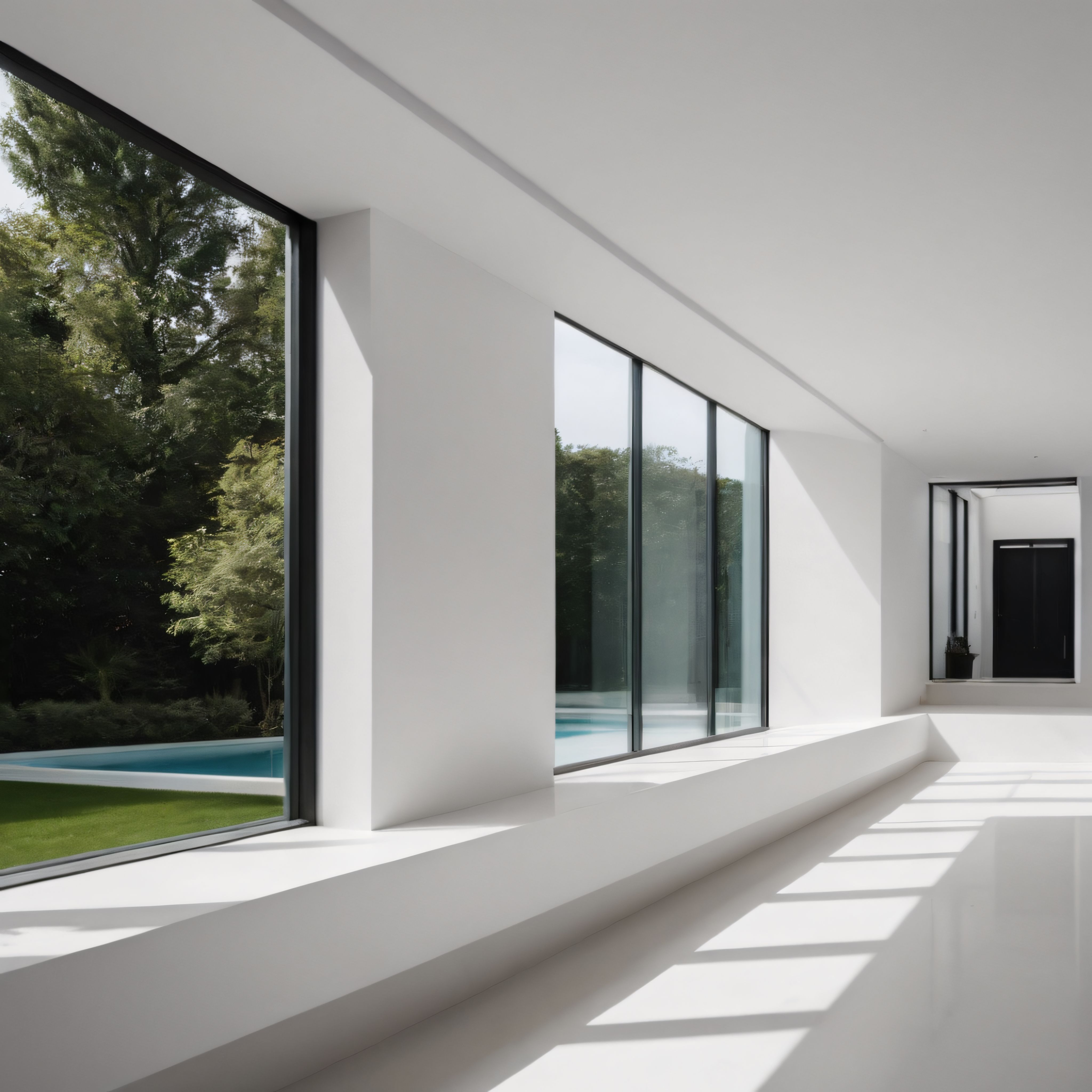 Doğa Manzaralı Minimalist Beyaz Mimari ve Büyük Cam Pencereler