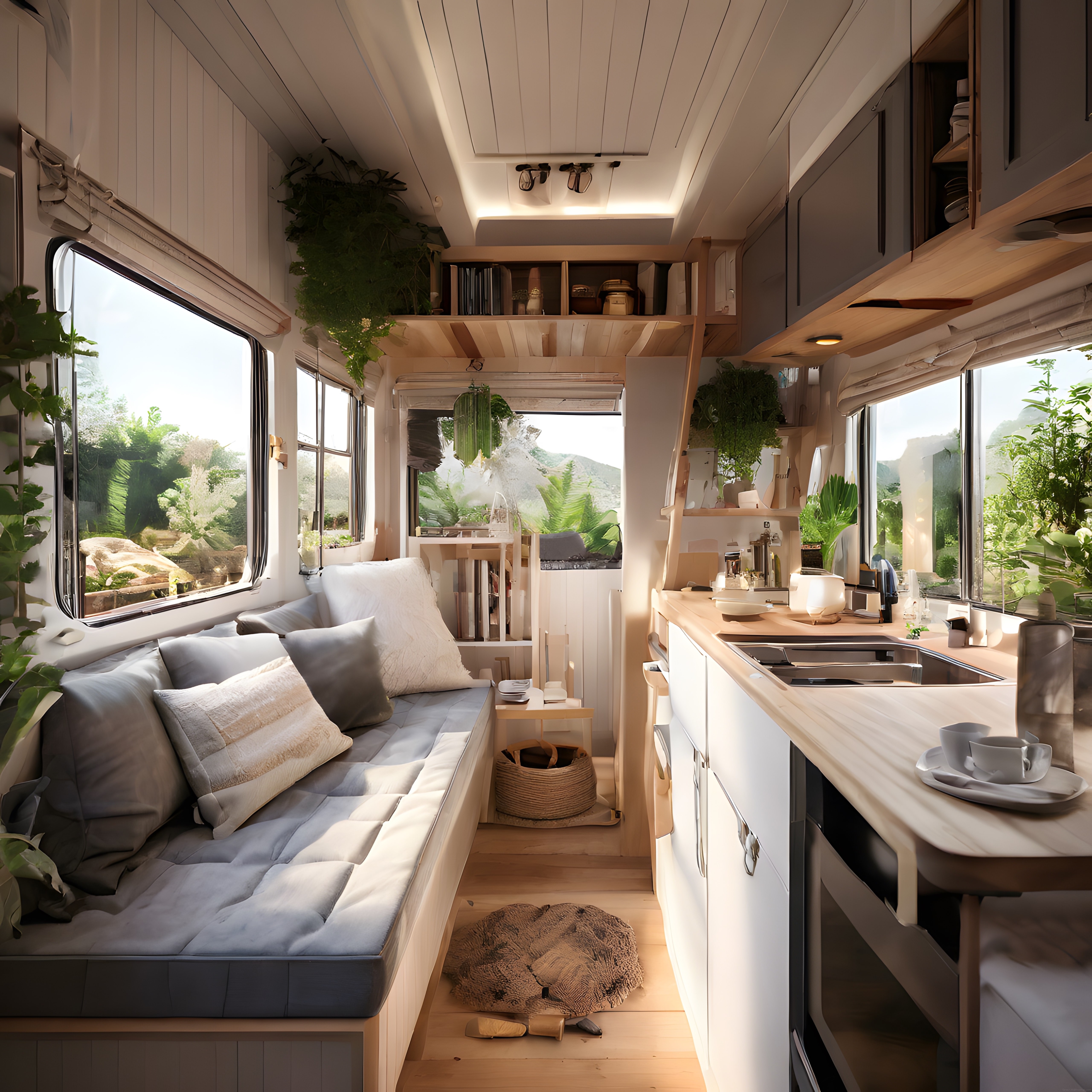 Doğa manzaralı minimalist karavan iç tasarımı: Sıcak tiny house atmosferi
