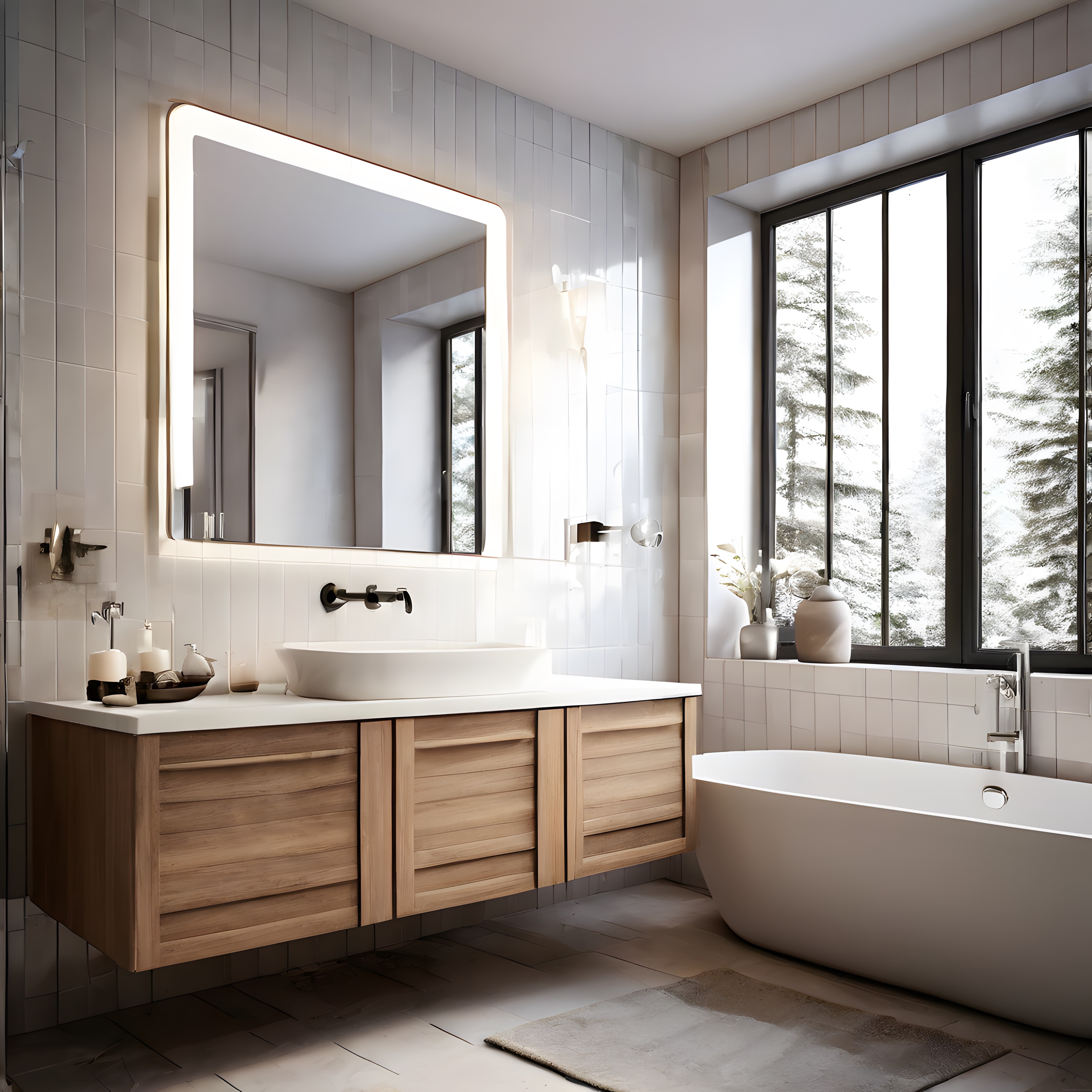 Doğa Manzaralı Modern Banyo: Işıklandırılmış Ayna ve Ahşap Detaylarla Spa Havası
