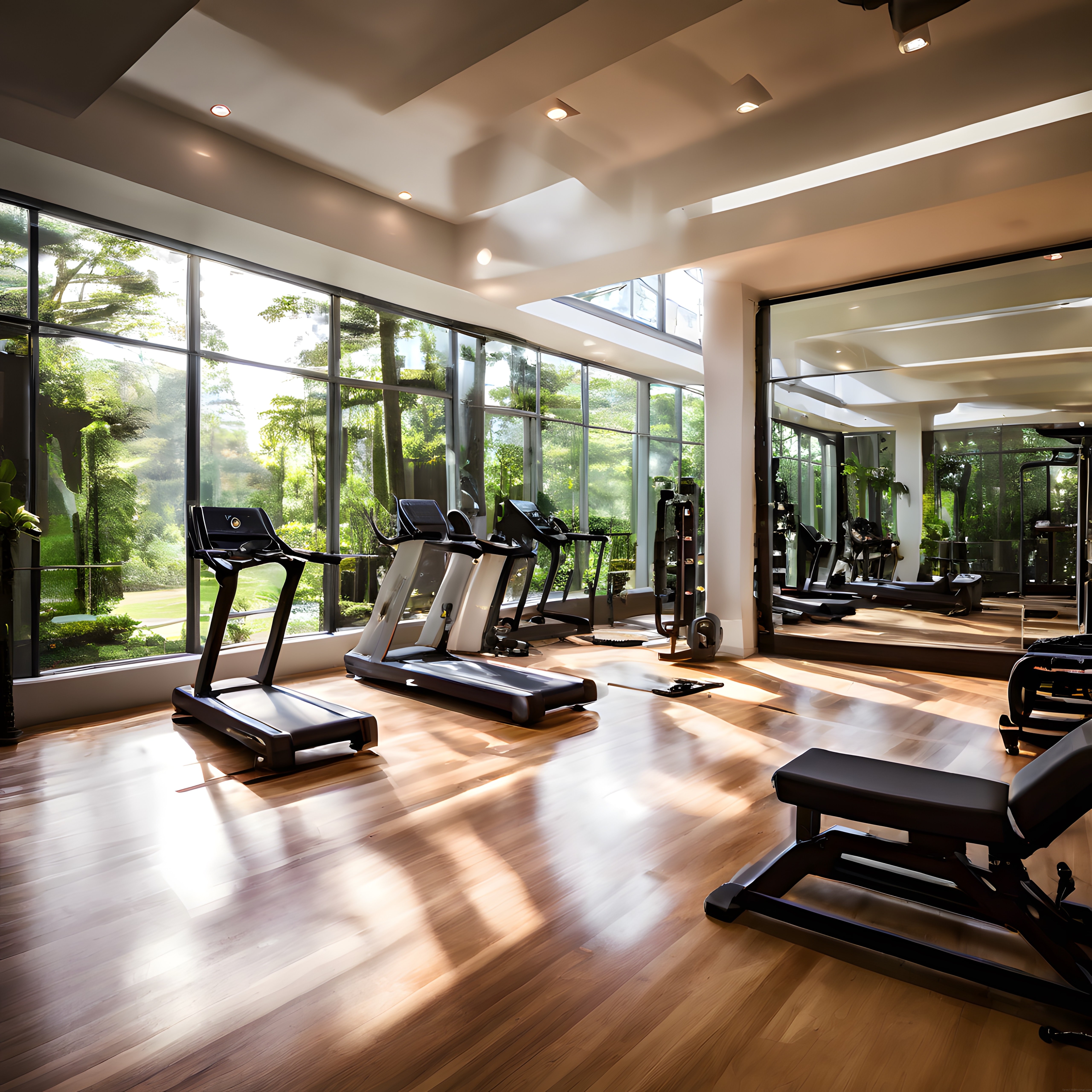 Doğa Manzaralı Modern Fitness Salonu İç Mimari ve Spor Ekipmanları