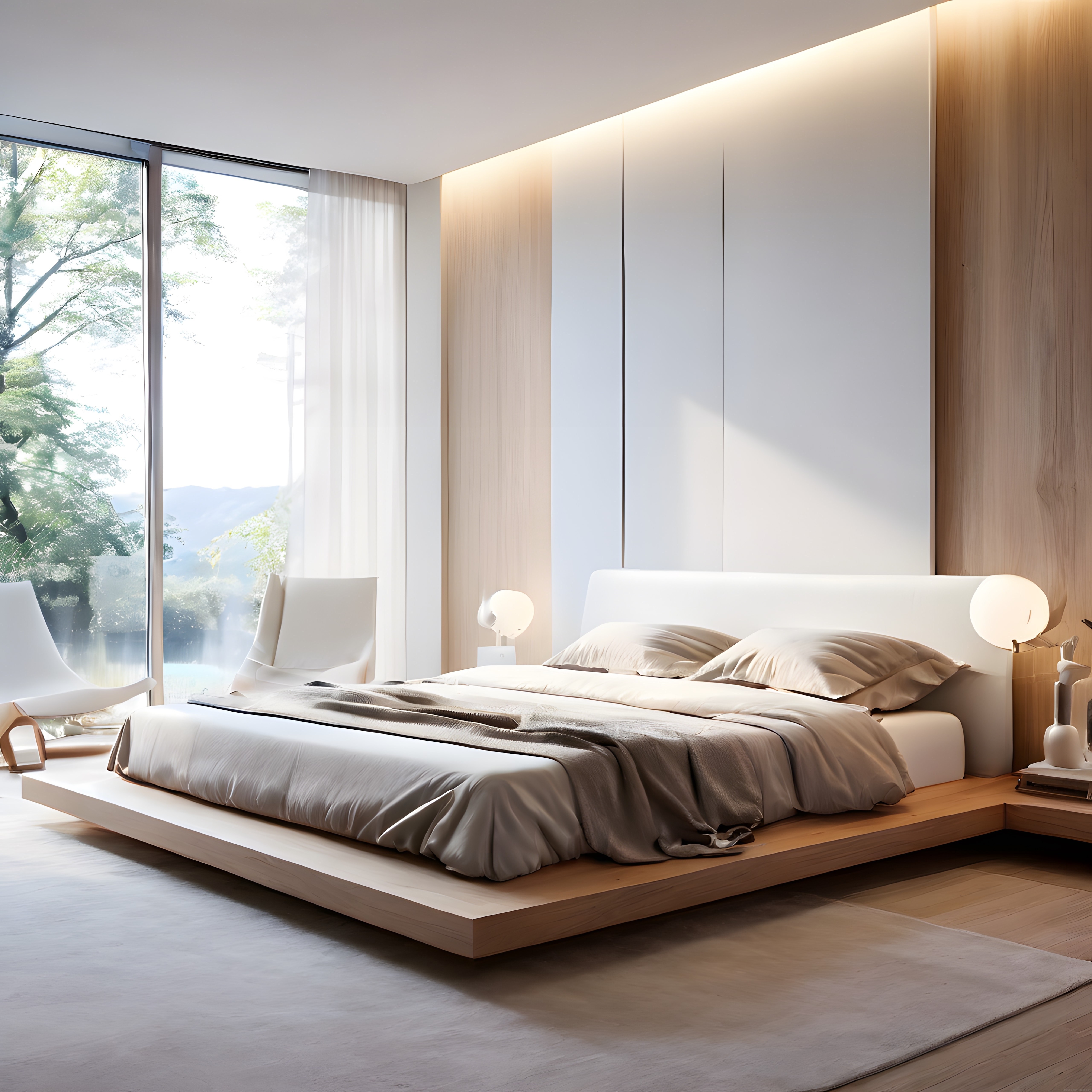 doğa manzaralı modern yatak odası tasarımında ahşap tonlu minimalist dekorasyon