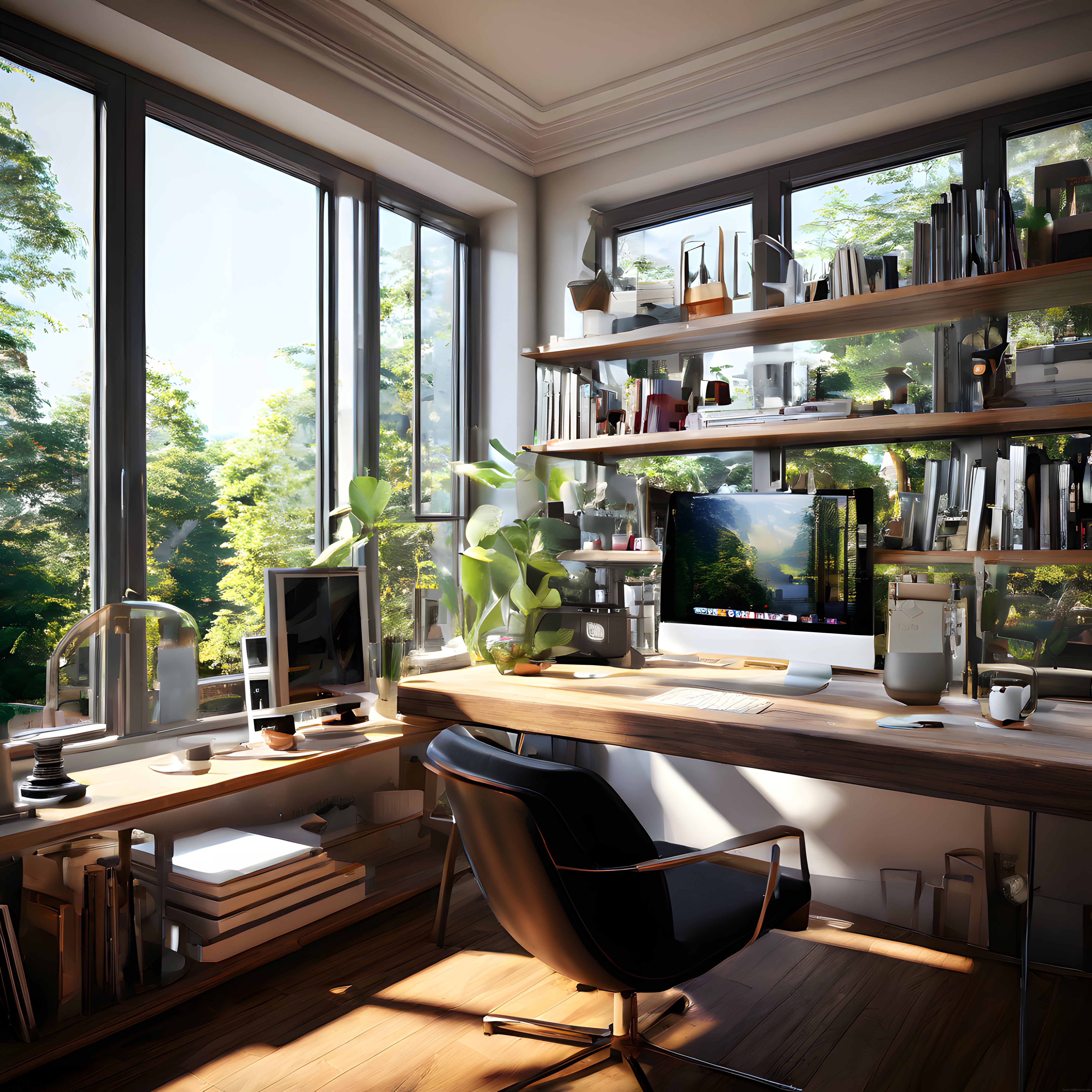 Doğa Manzaralı ve Bol Işıklı Minimalist Modern Ev Ofisi Dekorasyonu