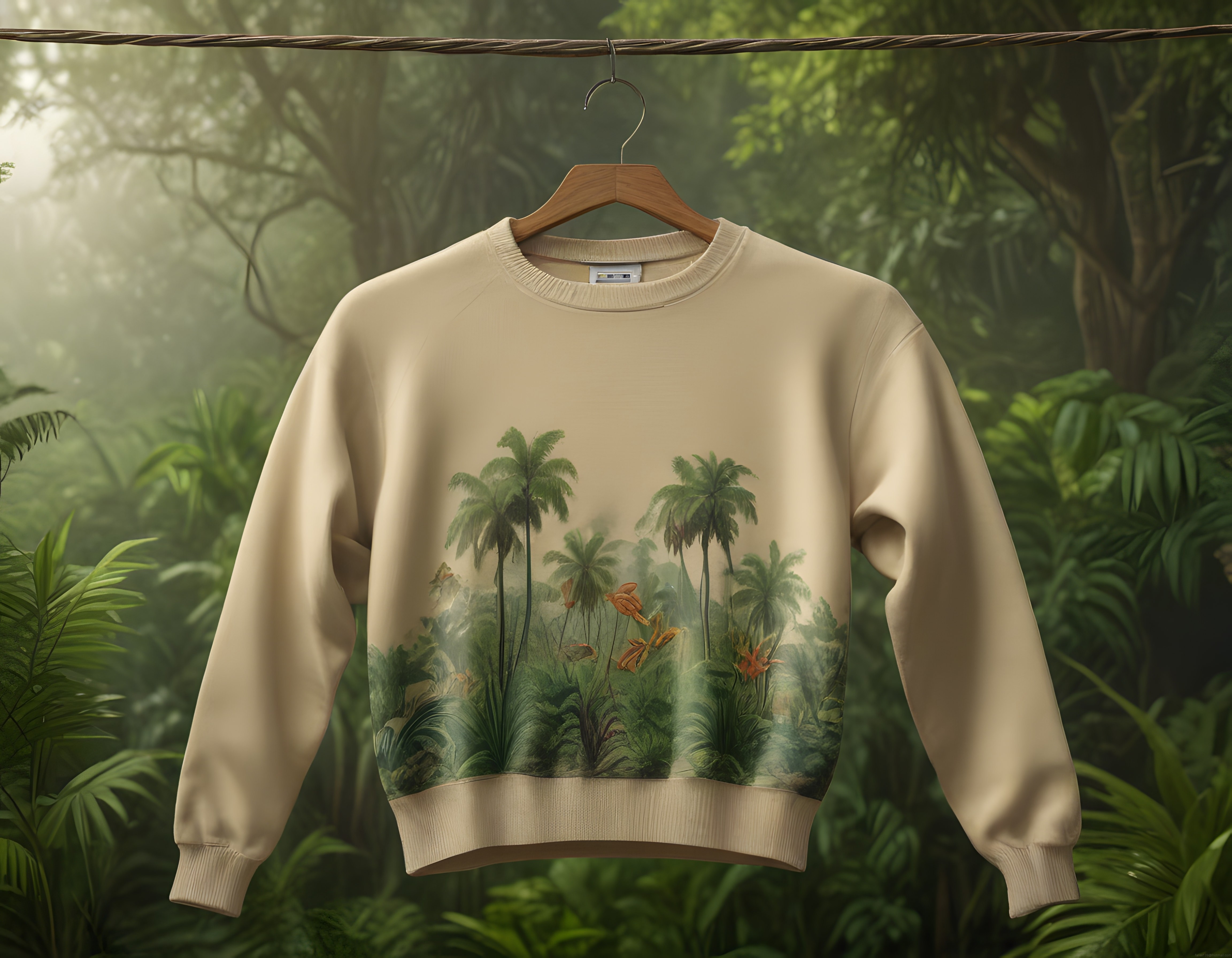 Doğada Asılı Tropikal Palmiye Desenli Bej Sweatshirt ve Orman Manzarası