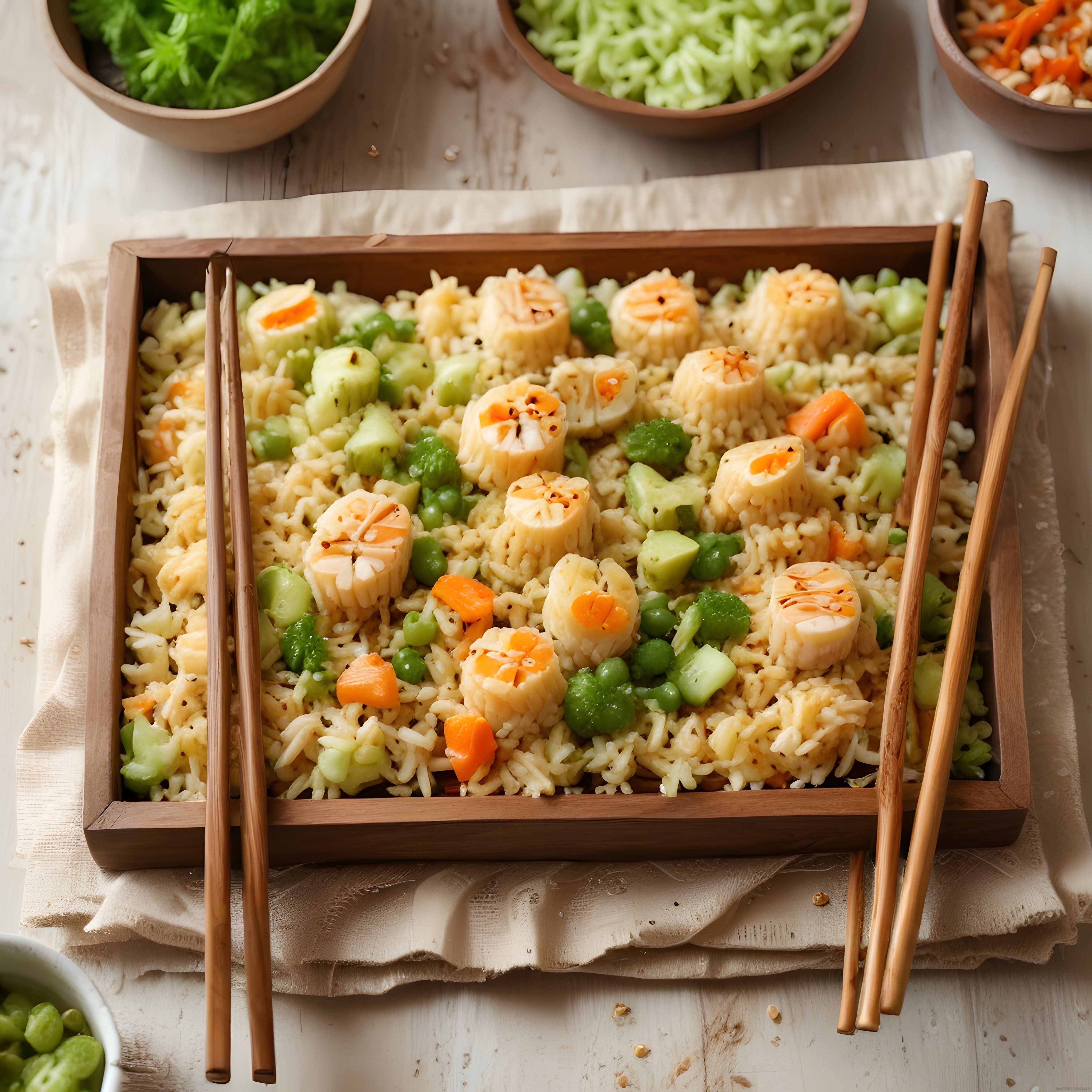 Doğal Ahşap Bento Kutuda Yumurta Rulolu Sebzeli Pirinç Salatası