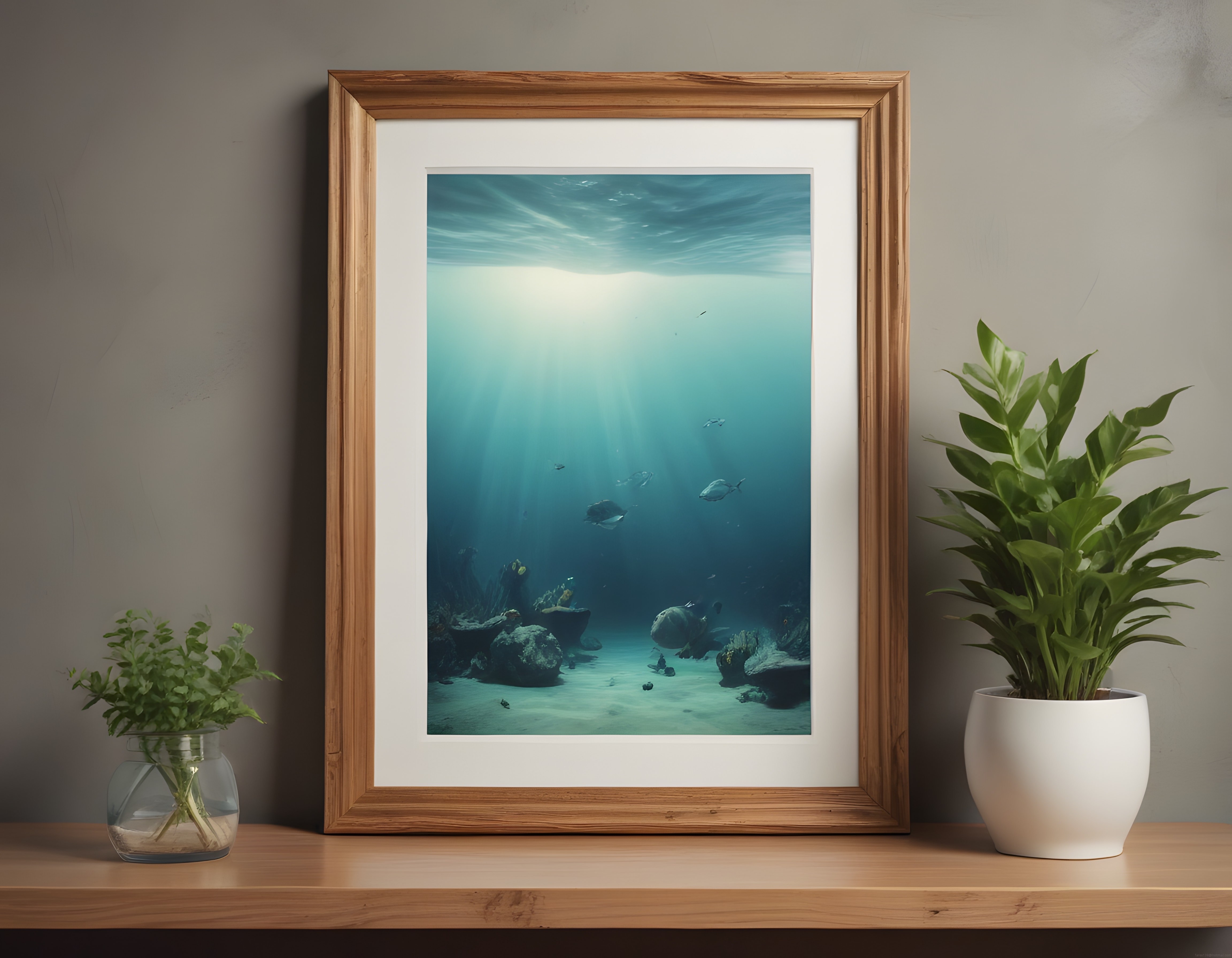 Doğal Ahşap Çerçevede Deniz Altı Fotoğrafı ve Minimalist İç Mekan Stili
